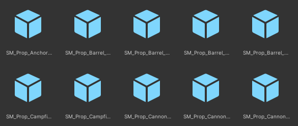 Project window displaying multiple reusable asset prefabs