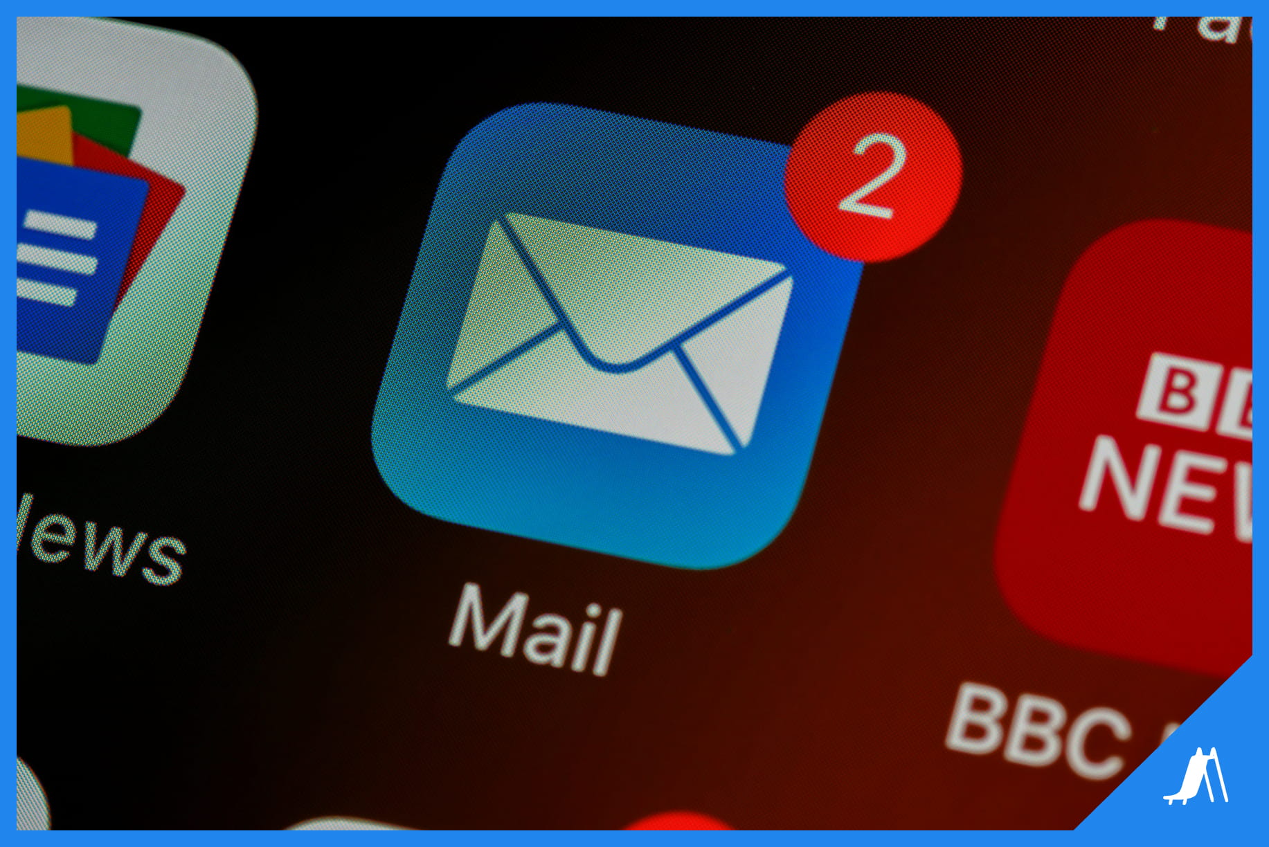 Smartphone mail app with notification badge indicating two unread emails