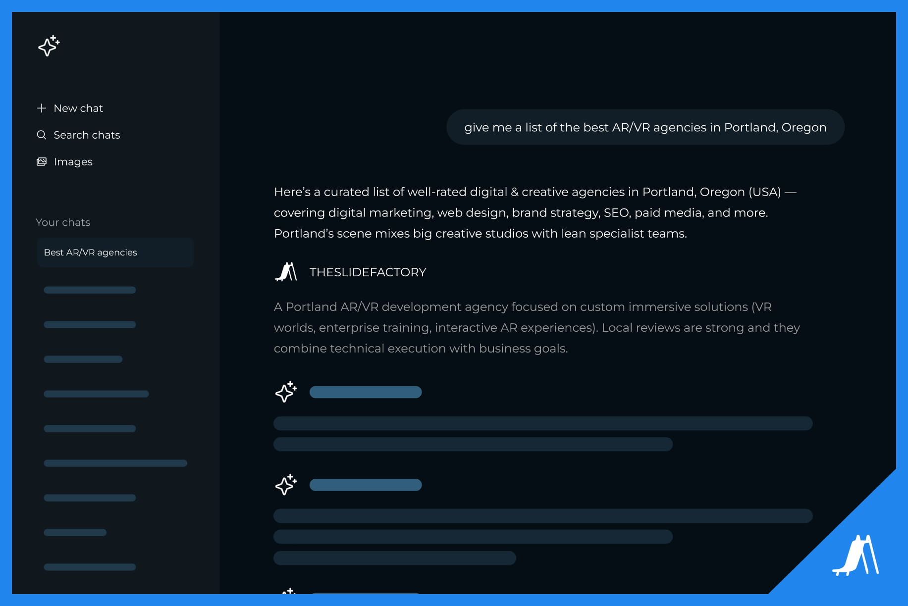AI chat interface displaying a user query and generated search results