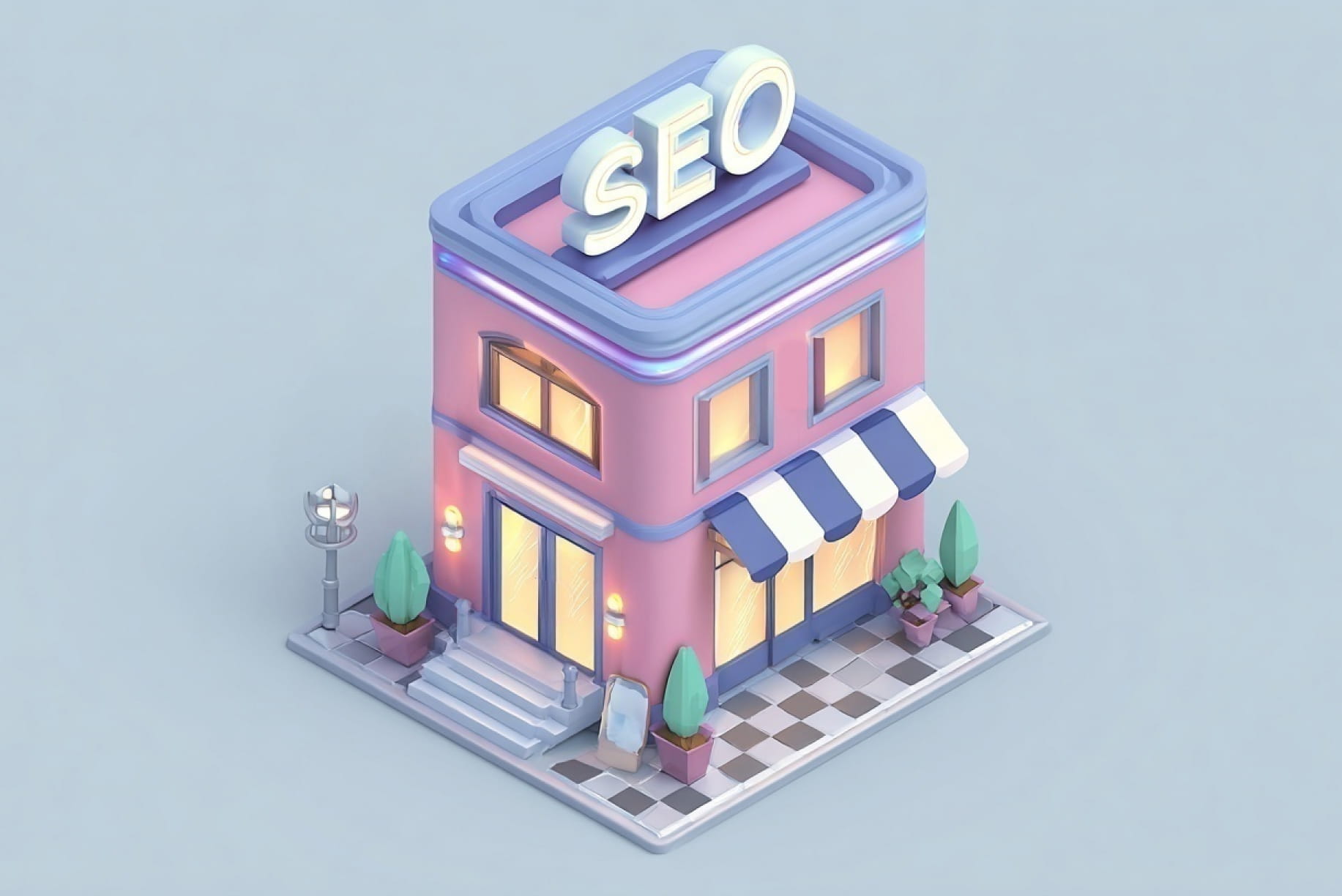 Stylized illustration of a small storefront building with an SEO sign on top