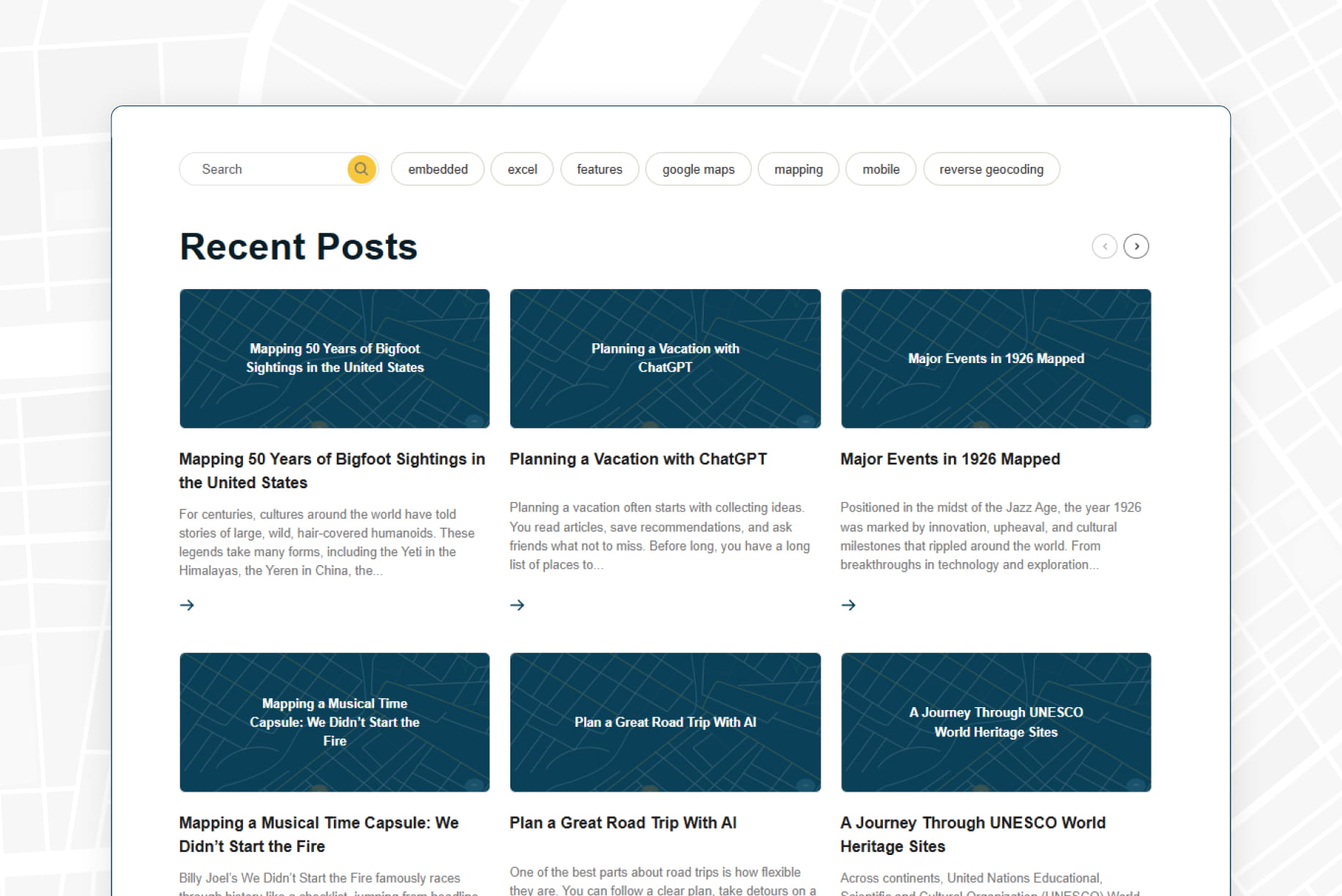 Blog listing page displaying multiple posts with titles, excerpts, and navigation links