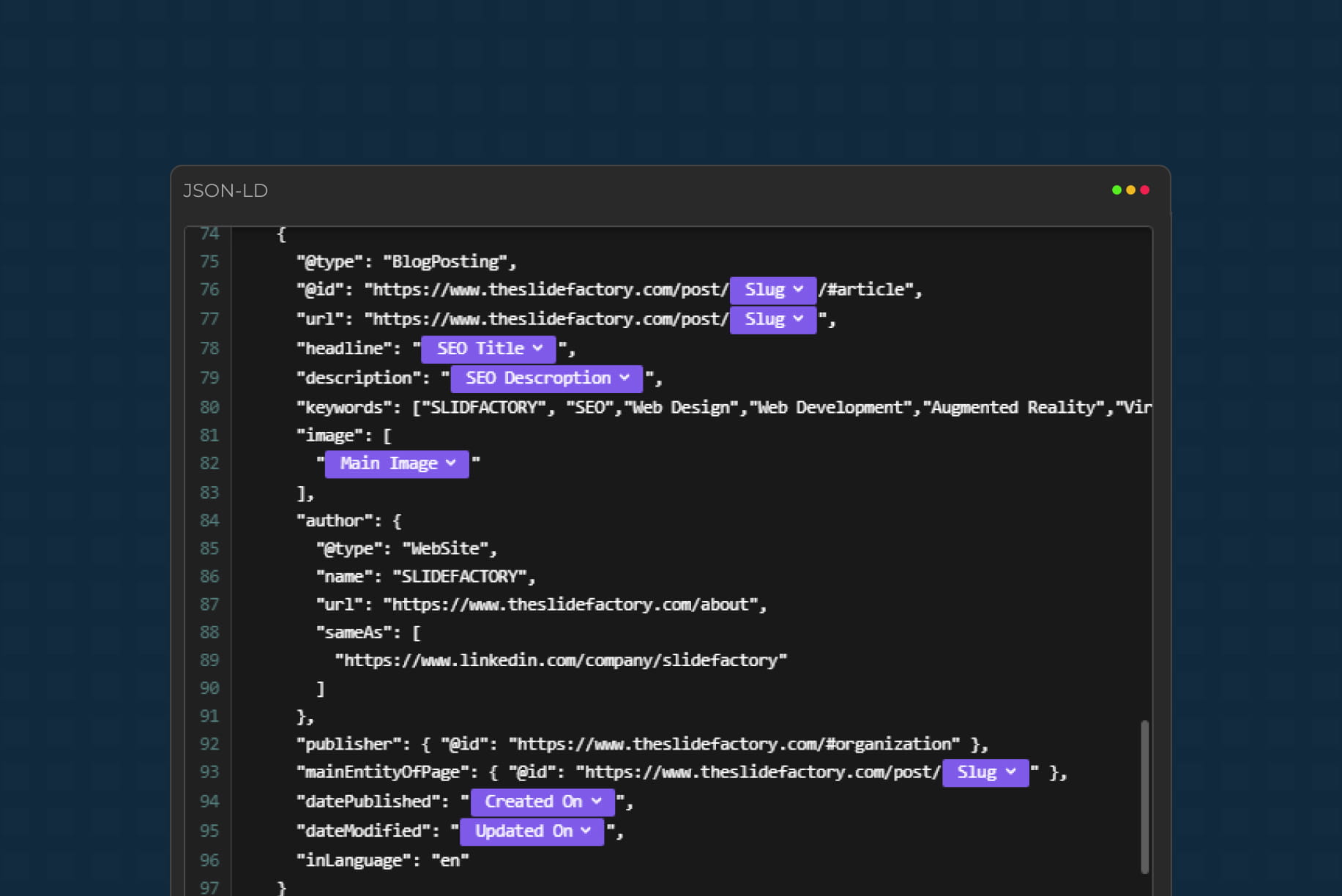 JSON-LD schema markup for a blog post showing structured data fields
