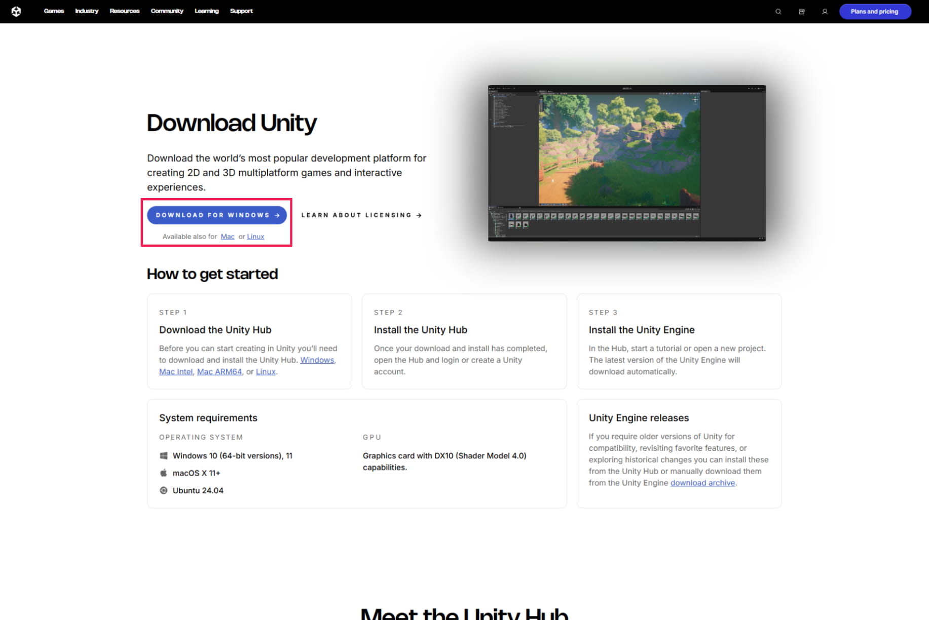 Unity download page showing the Download Unity heading, a highlighted Download for Windows button, and step-by-step instructions for installing the Unity Hub and engine