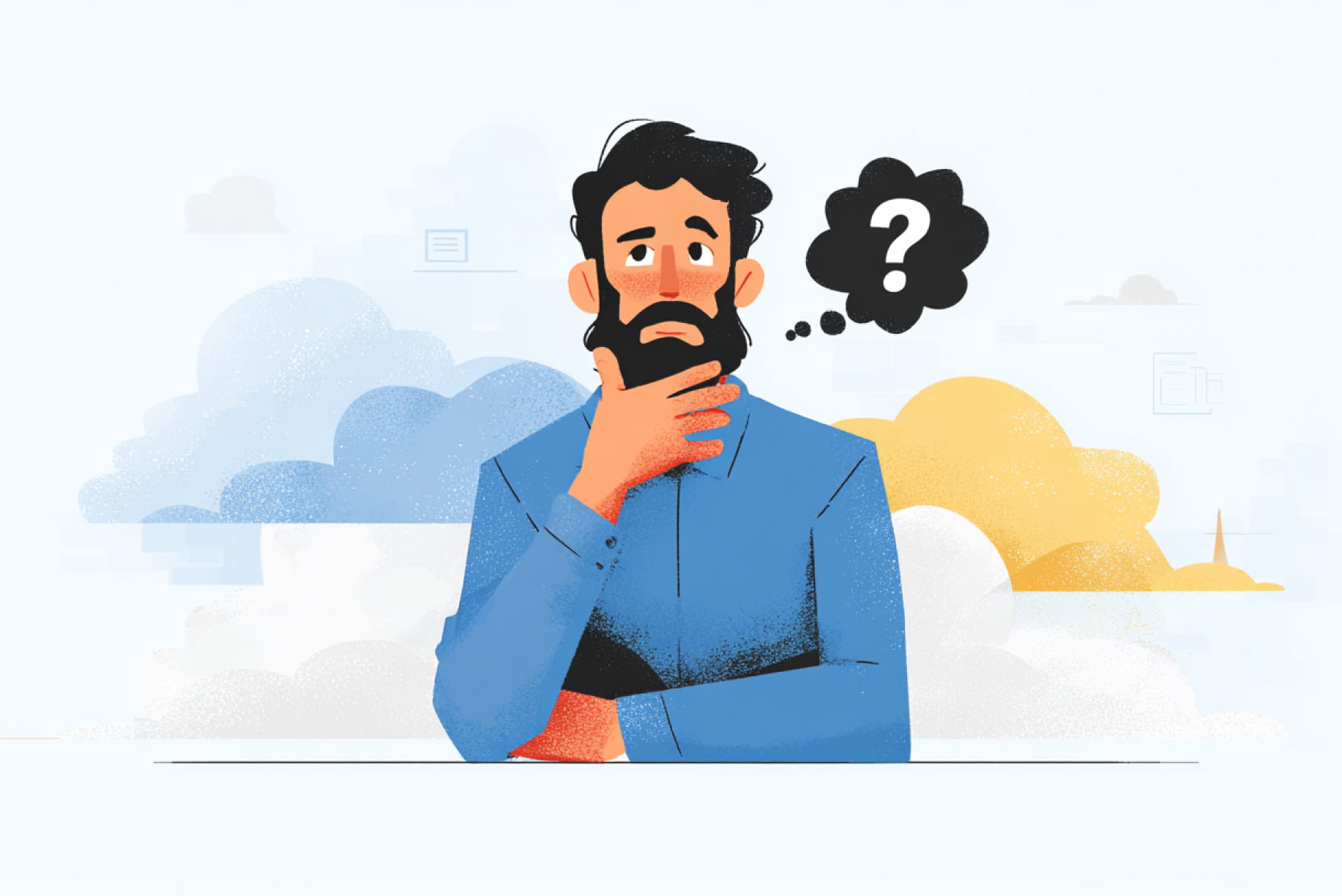Illustration of a thoughtful man with a question mark above his head, representing frequently asked questions or uncertainty
