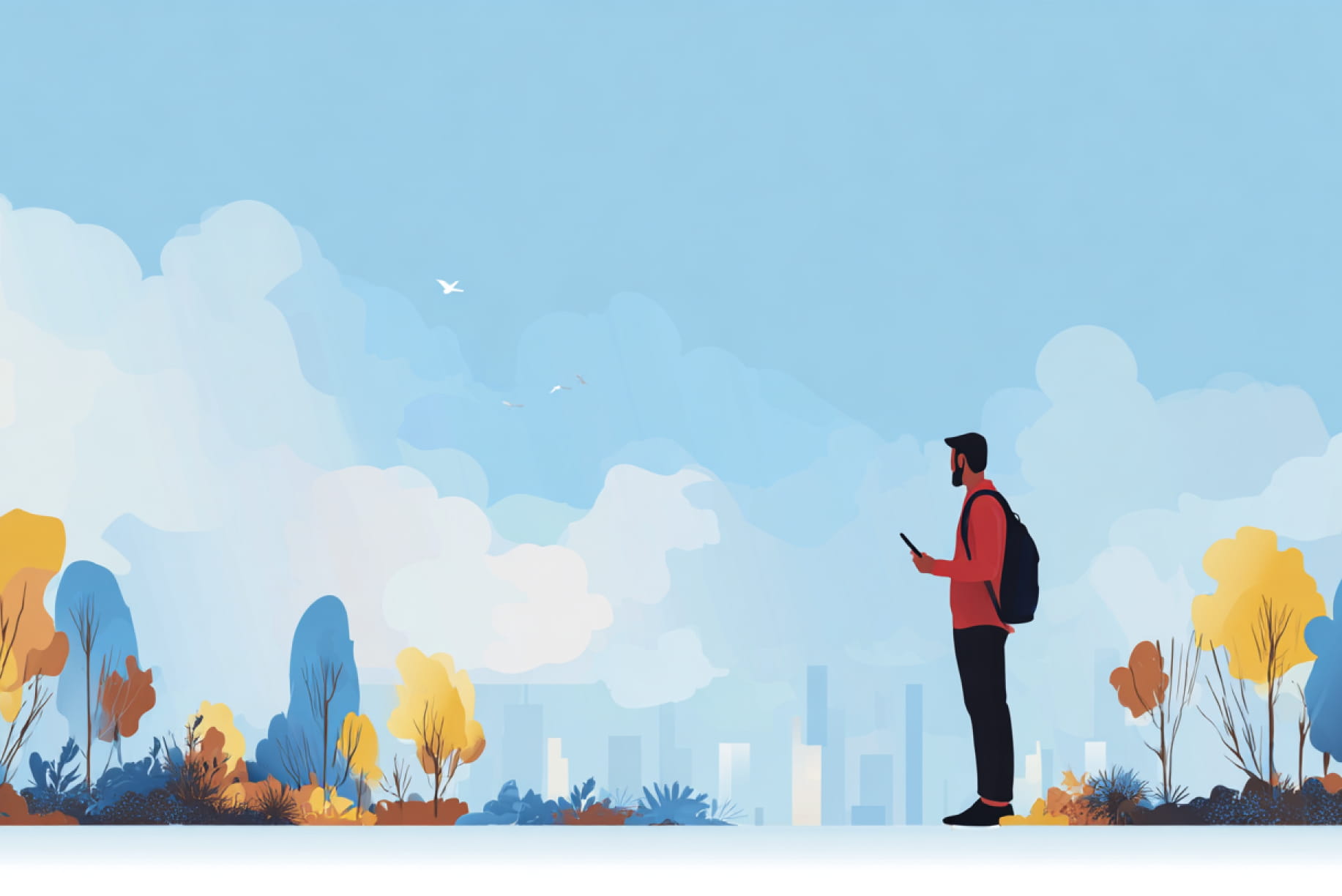 Illustration of a professional using digital tools in a city setting, representing the combination of free local SEO tools with professional SEO services