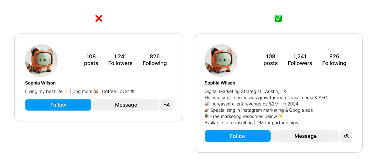 Before-and-after example of Instagram bio optimization showing shift from personal description to keyword-focused professional bio with location, services, and value proposition