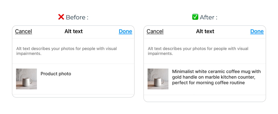 Before-and-after example showing improved Instagram alt text for a product photo using descriptive keywords for better search visibility