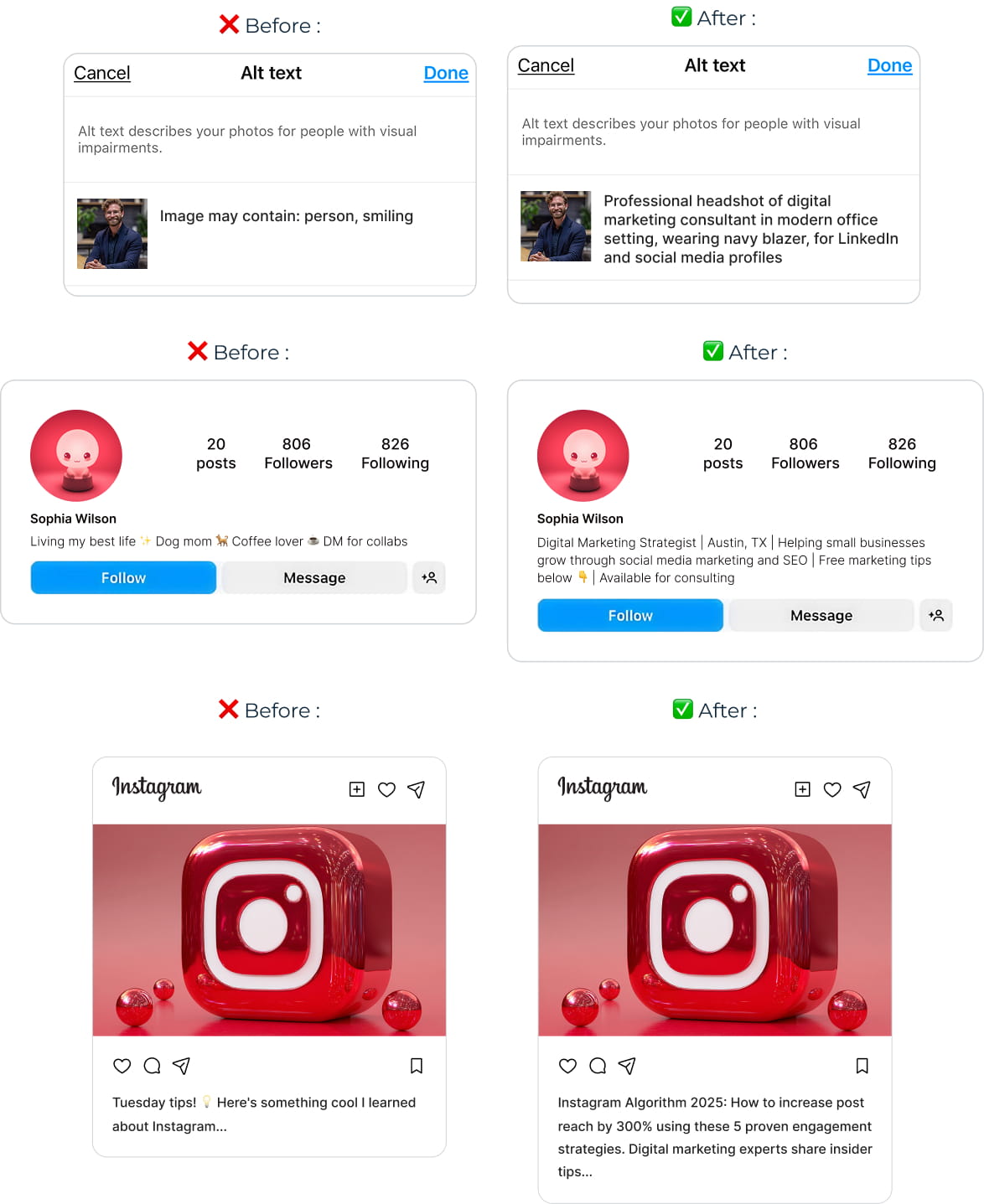 Before-and-after examples showing improved Instagram SEO through optimized alt text, keyword-rich bio, and descriptive captions