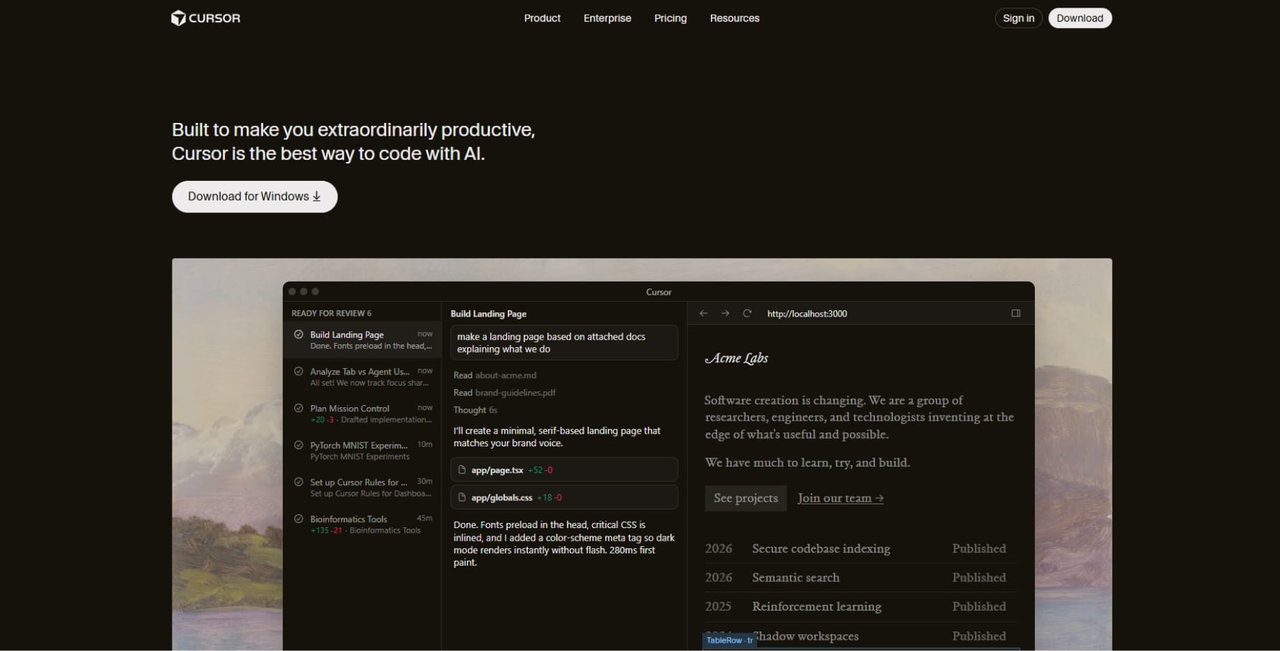 Cursor IDE interface showing AI-assisted coding environment with prompt panel and live code preview for building applications with large language models