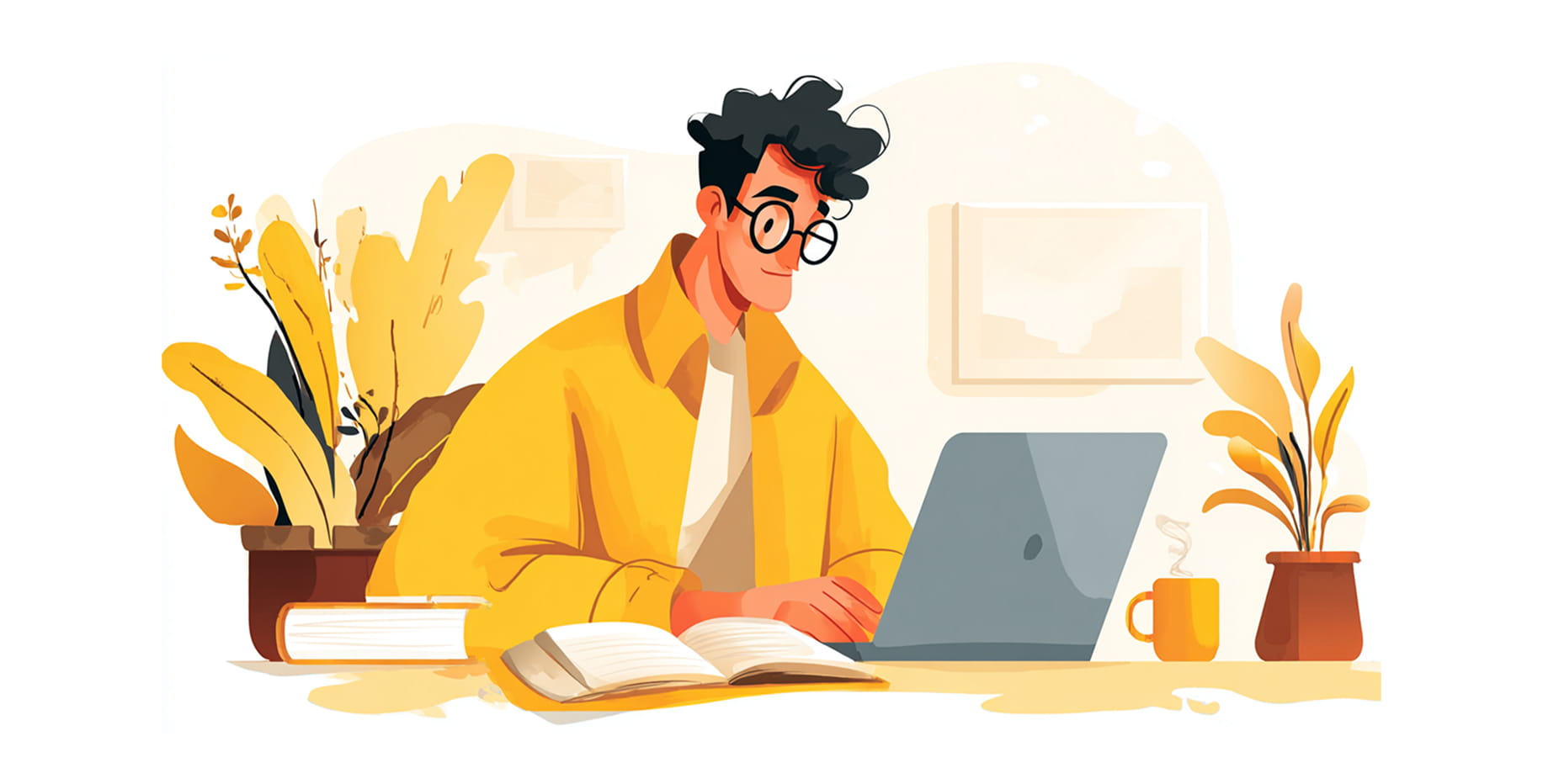 Illustration of a creative professional working on a laptop with books and plants, representing a culture of exploration and innovation in small agencies