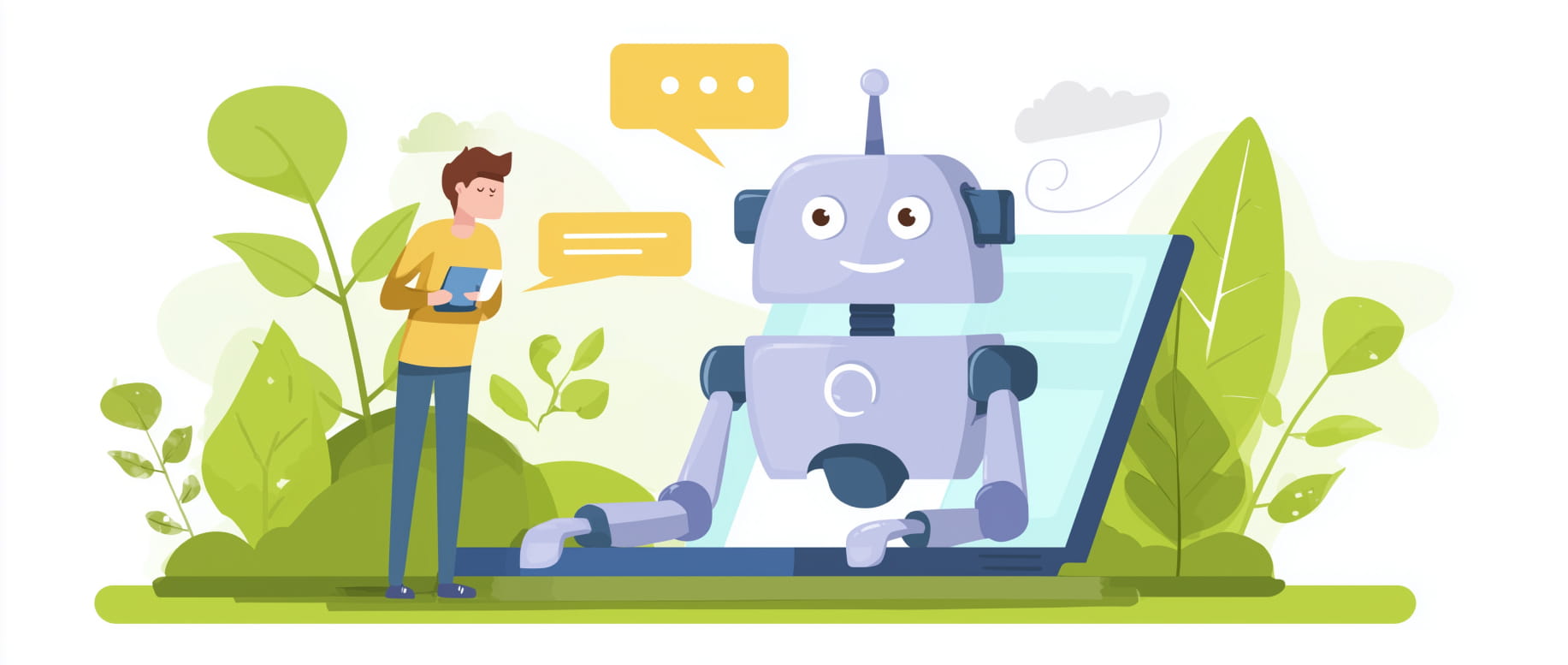 Illustration of a chatbot assisting a person on a laptop, representing automation and artificial intelligence in digital workflows