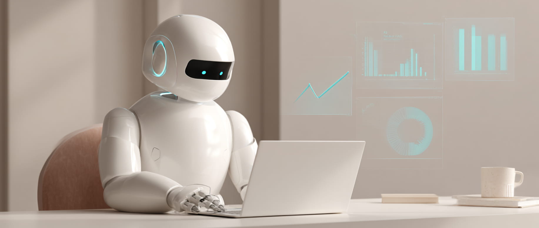 Futuristic AI robot analyzing data on a laptop with digital charts and graphs displayed in the background, representing AI-powered analytics