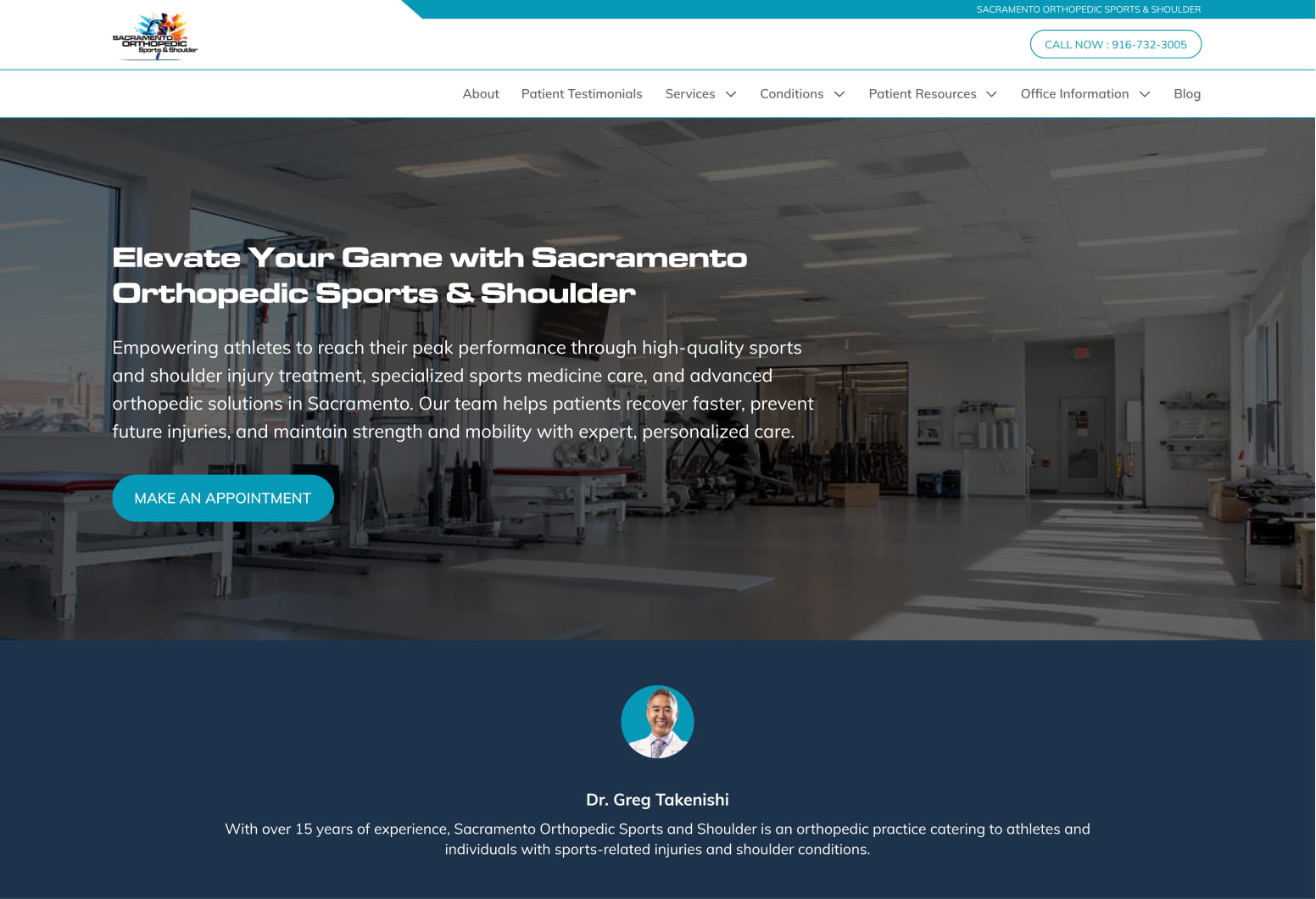 Sacramento Orthopedic Sports & Shoulder homepage featuring sports injury treatment services and appointment call-to-action.