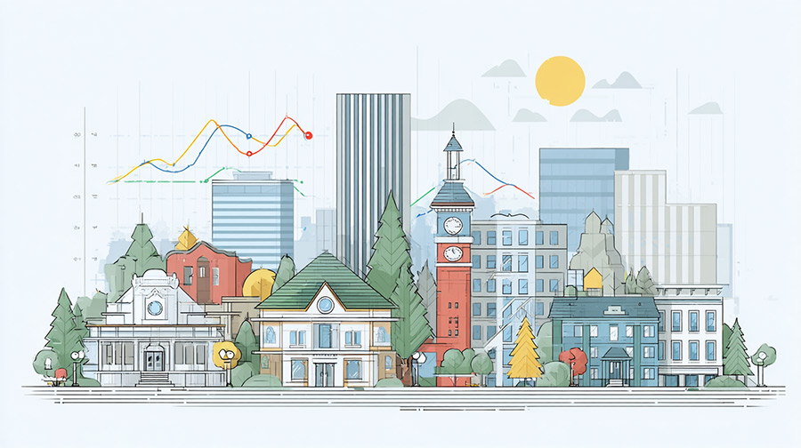 Illustrated skyline of Portland with local buildings, trees, and upward-trending charts symbolizing strategic website design and business growth