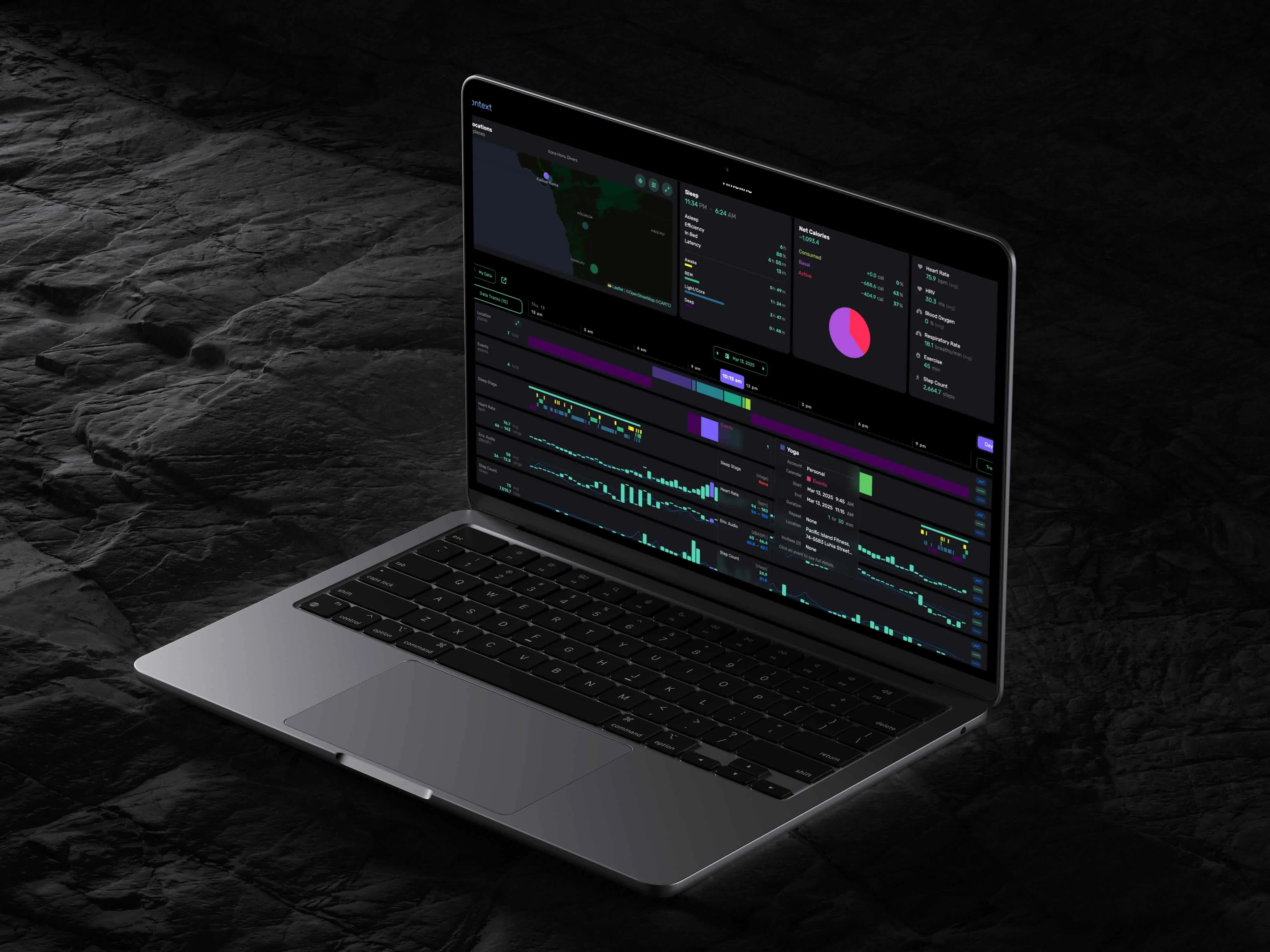 MacBook displaying the Fulcra Context web dashboard with health data timeline including sleep stages, location, heart rate, calories, and environmental audio charts