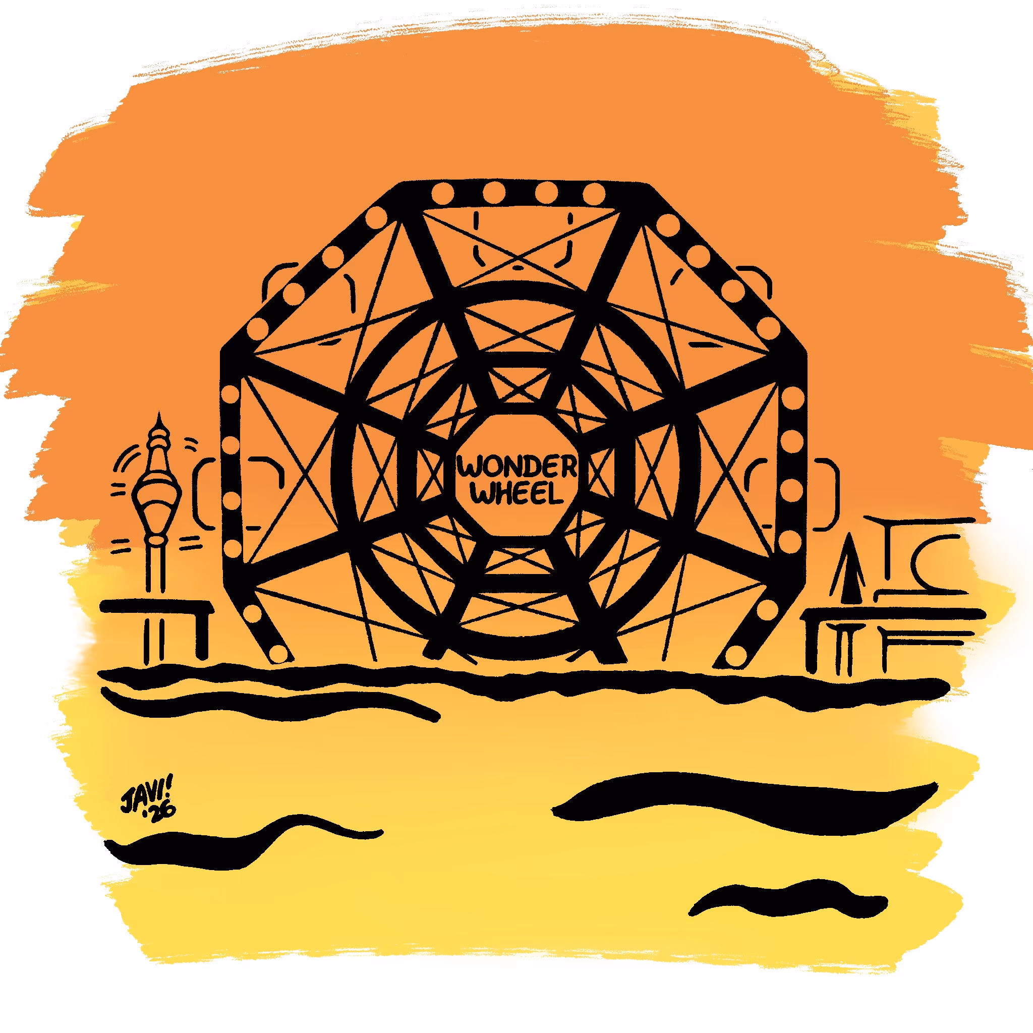 Illustration of a Ferris wheel labeled 'Wonder Wheel' on an orange and yellow background with water and a lamp post nearby.