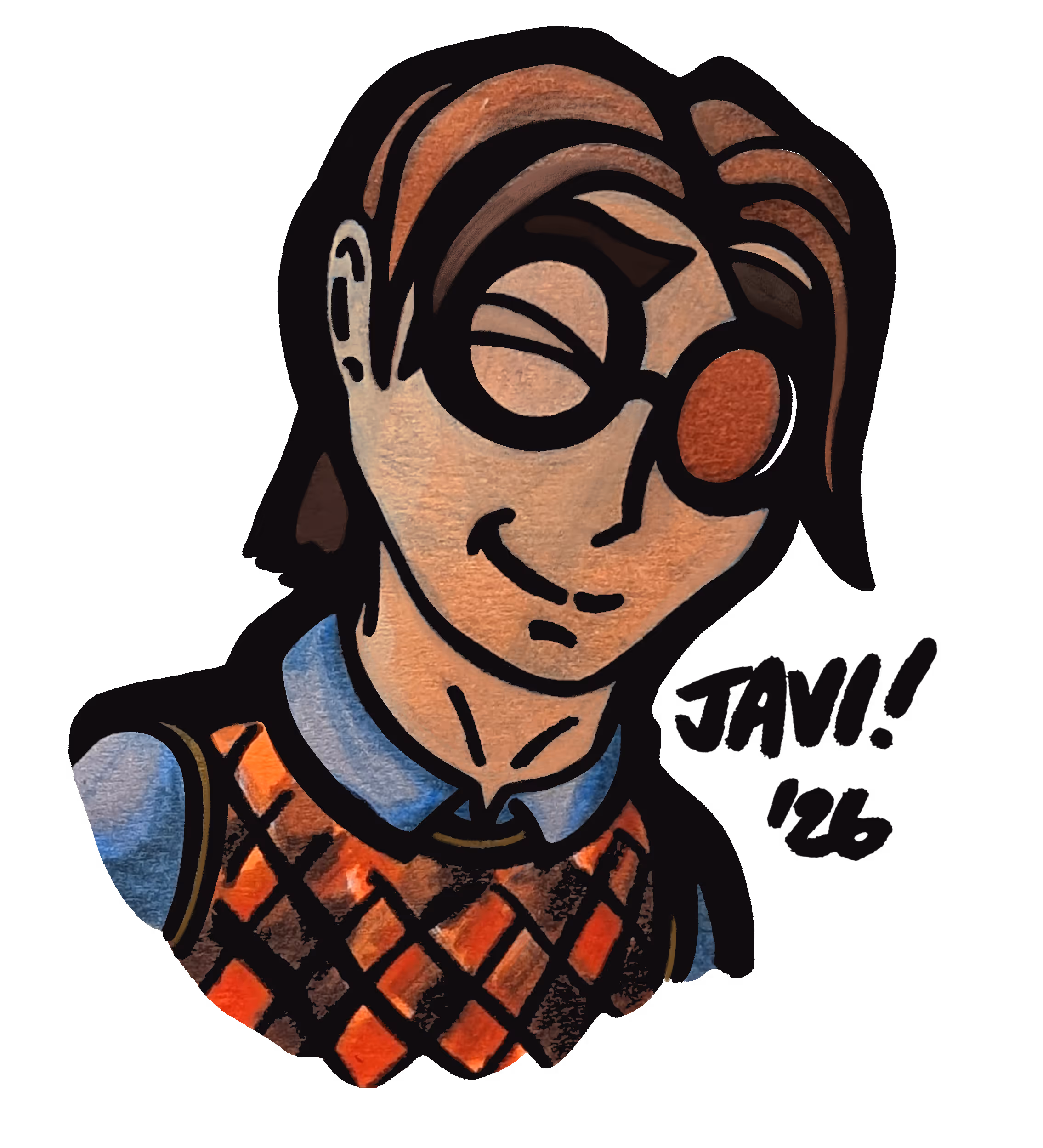 Illustration of a smiling person with glasses, one lens shaded red, wearing a blue shirt and red diamond-patterned vest.