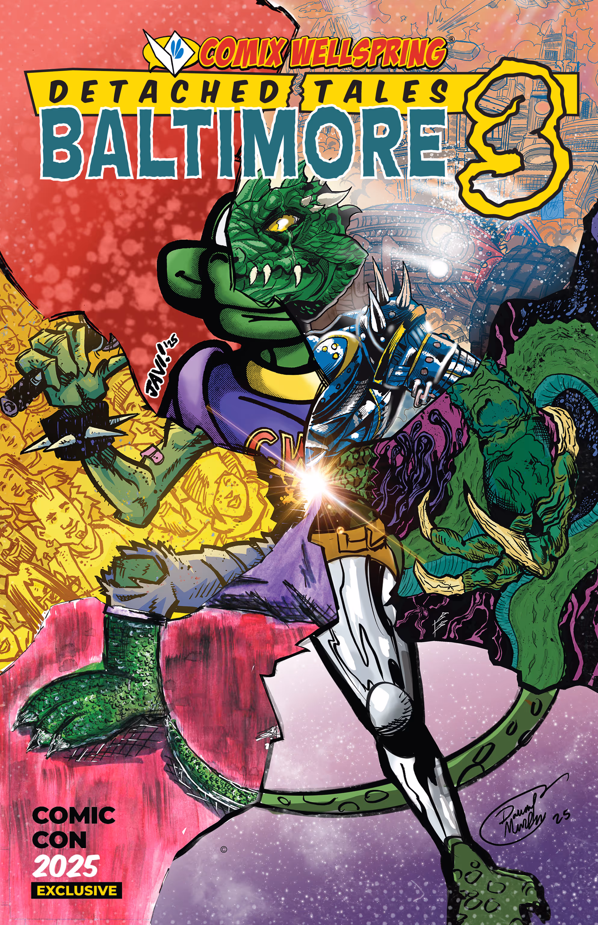 Comic book cover titled 'Comix Wellspring Detached Tales Baltimore 3' featuring a split-image hybrid character of a green reptilian humanoid and a knight in armor, with 'Comic Con 2025 Exclusive' text.