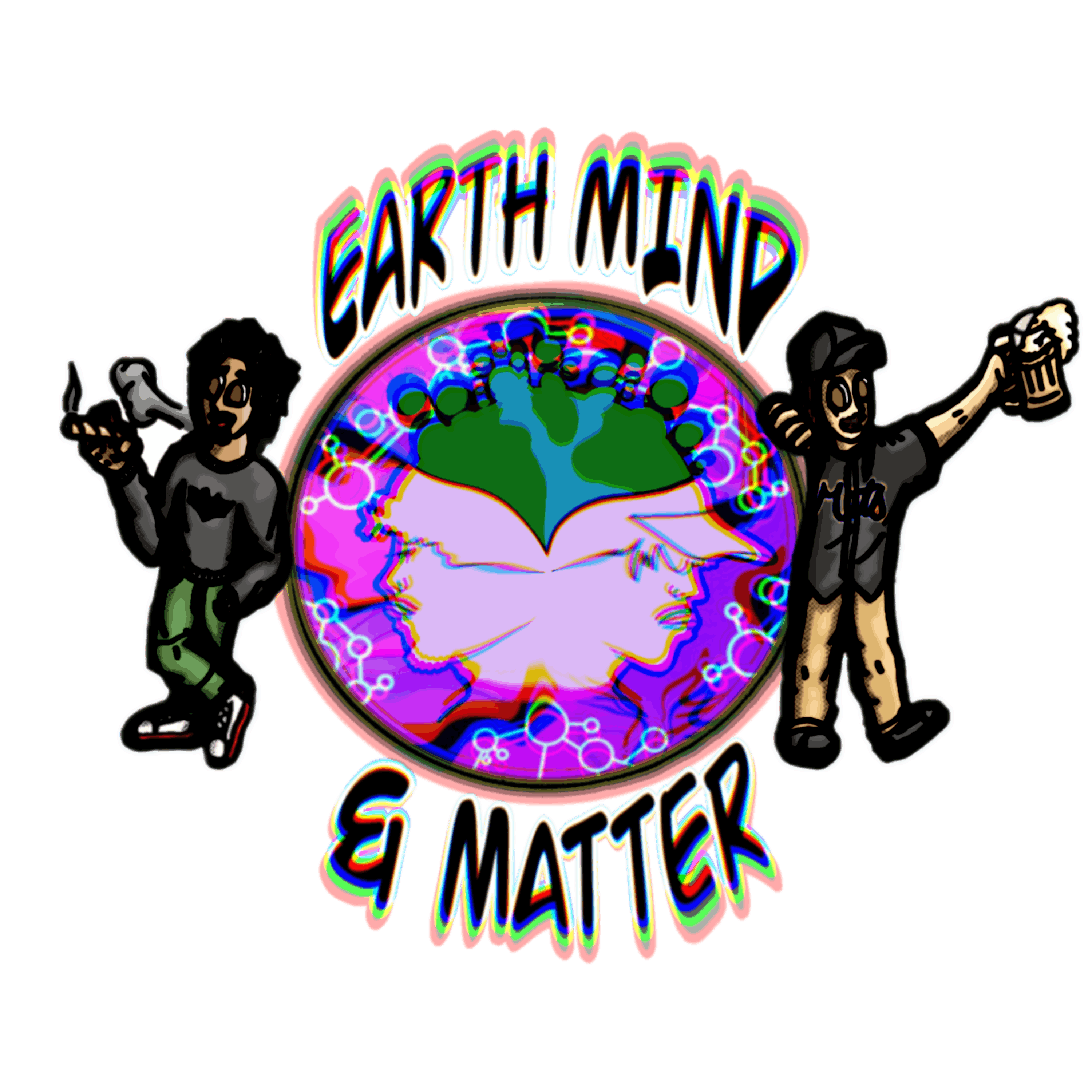 Logo with 'Earth Mind & Matter' text, two cartoon figures, and a globe with dual faces and bubbles.