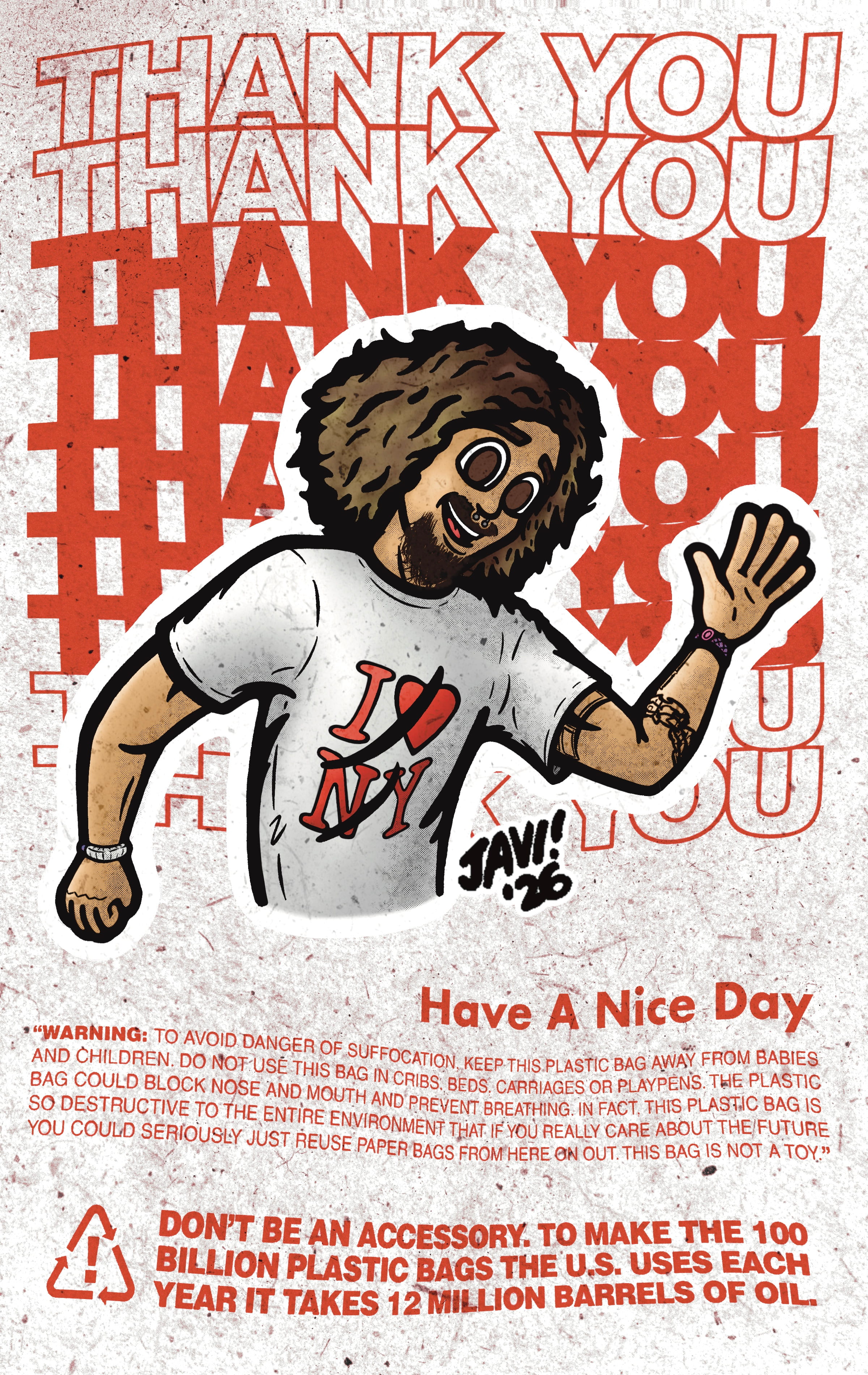 Illustration of a smiling man waving, wearing an I love NY shirt, with repeated thank you text behind.