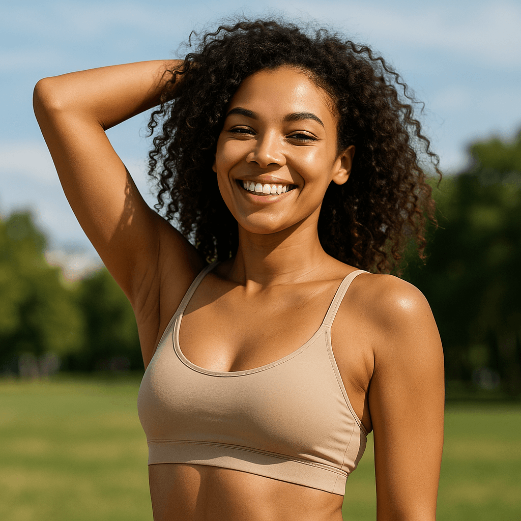 Confident man and woman with natural, healthy physiques smiling in soft natural light after wellness-focused body contouring in Houston