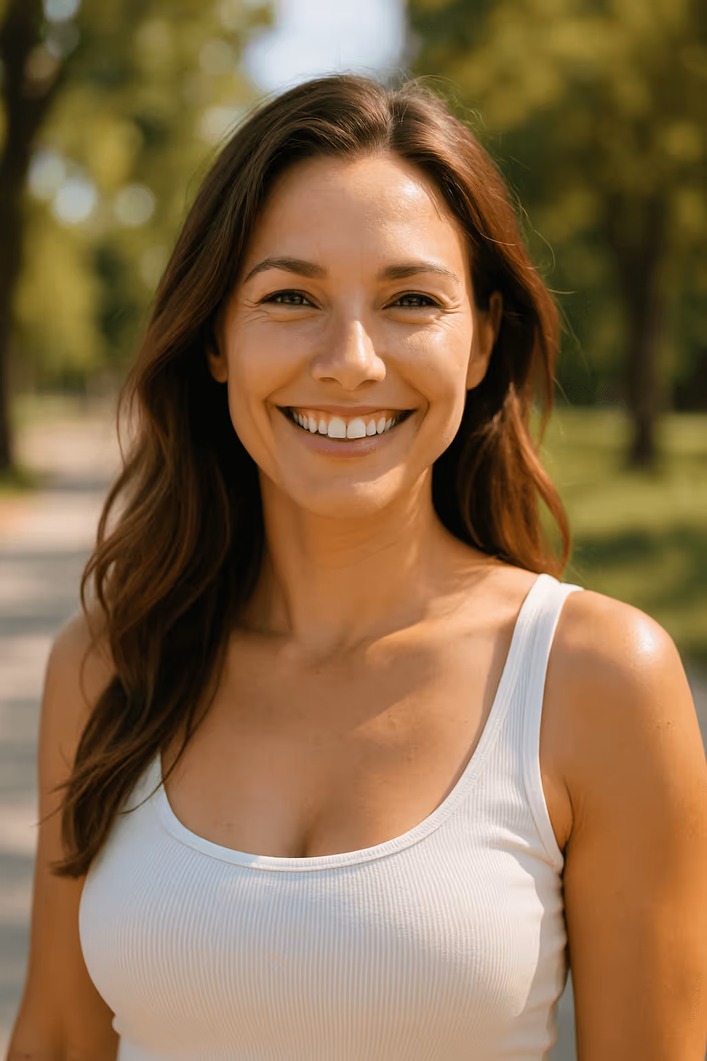 A happy woman outdoors smiling confidently in natural sunlight, representing wellness and positive results after breast augmentation in Houston.