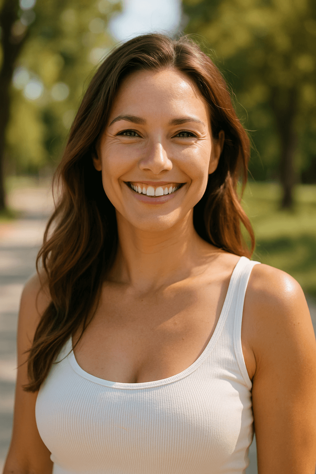 A happy woman outdoors smiling confidently in natural sunlight, representing wellness and positive results after breast augmentation in Houston.
