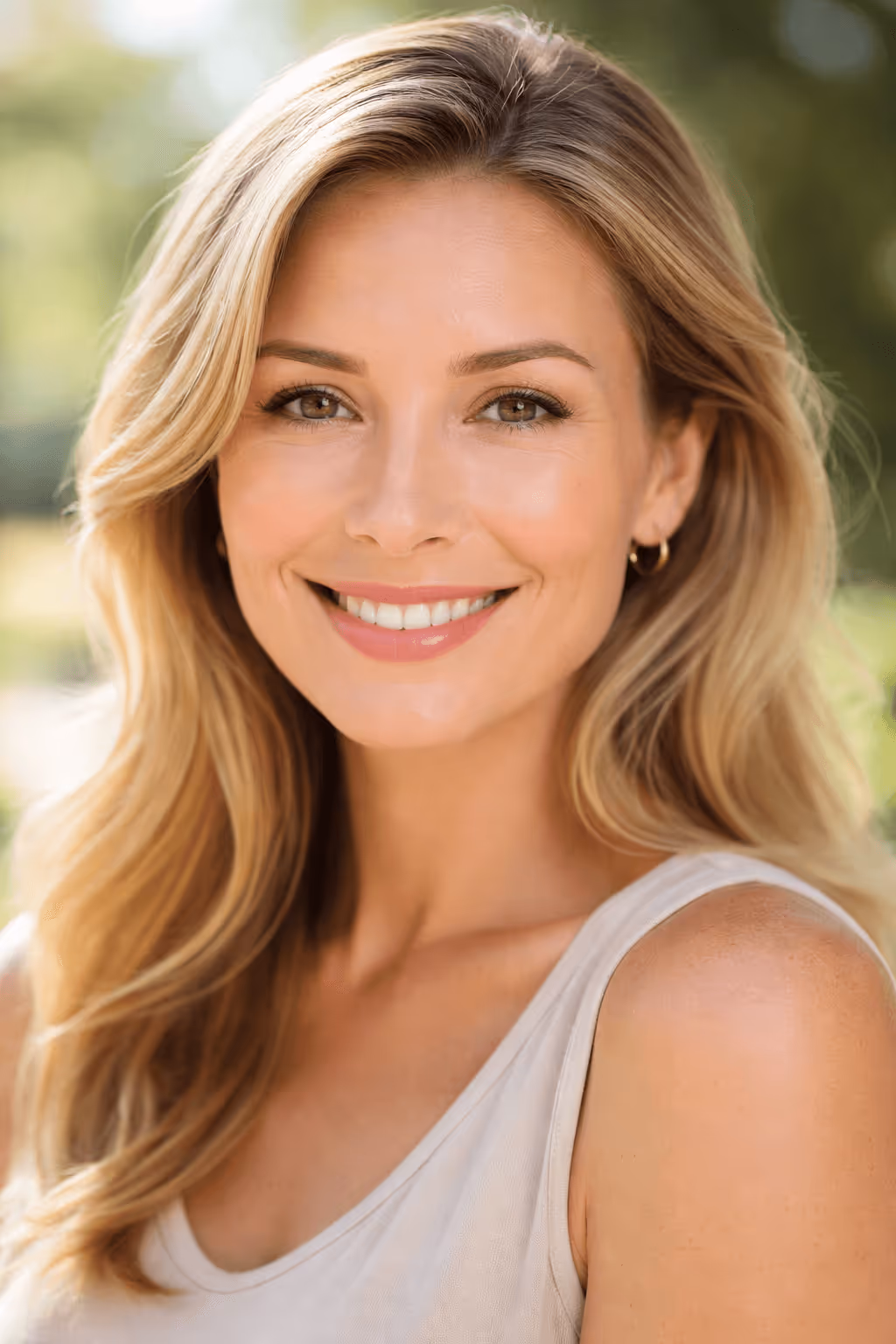 Woman with naturally balanced results after eyelid surgery in Houston, showing improved symmetry and refreshed upper eyelid contours