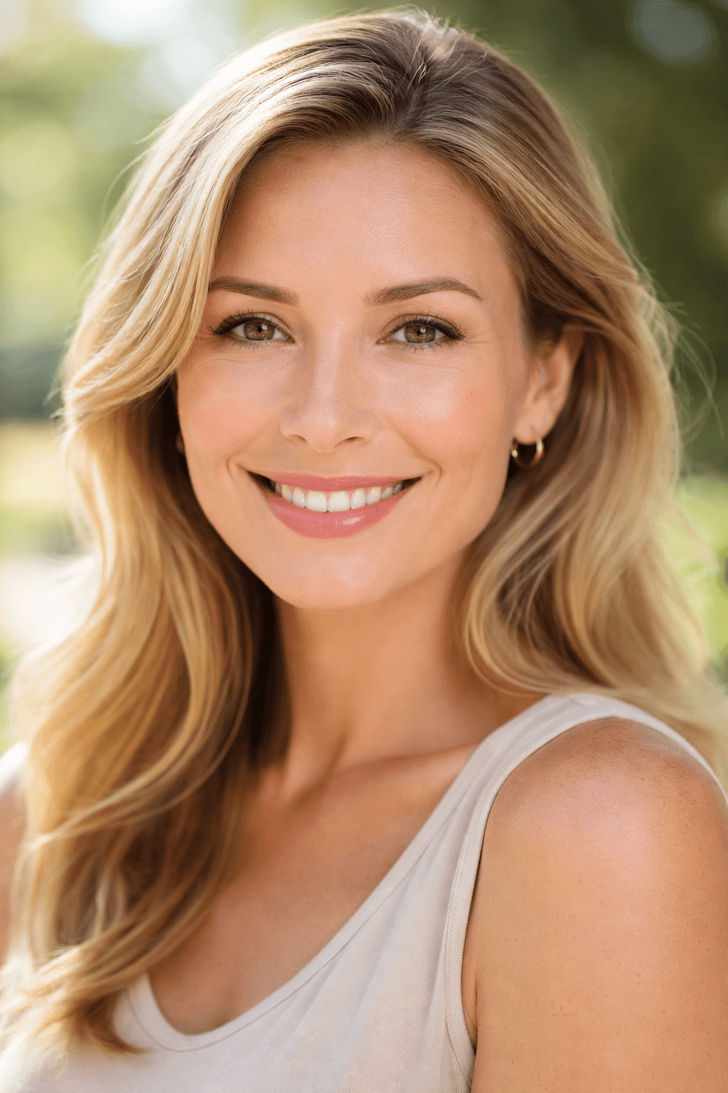 Woman with naturally balanced results after eyelid surgery in Houston, showing improved symmetry and refreshed upper eyelid contours