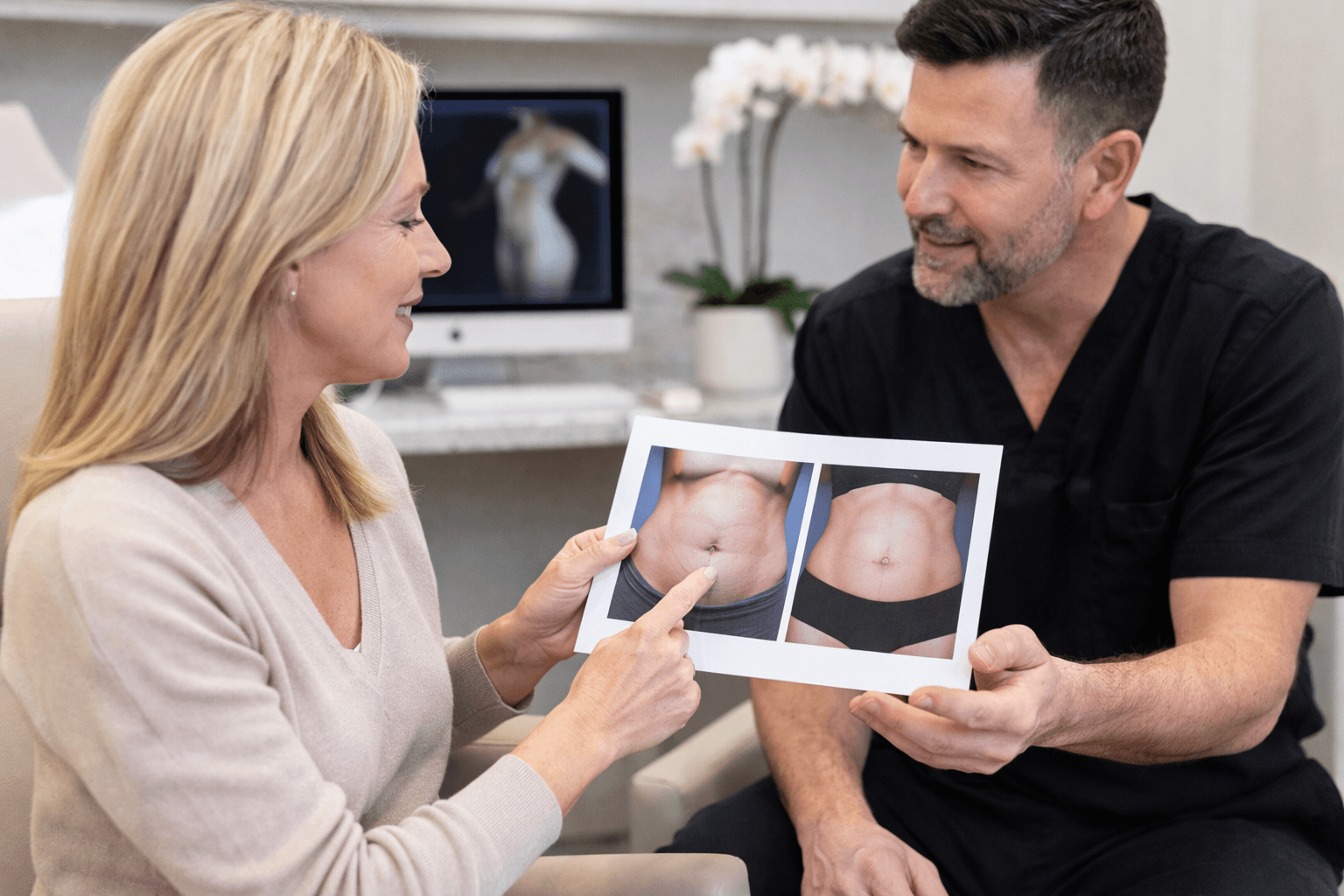 Woman reviewing abdominal contour results during tummy tuck consultation in Houston, Texas