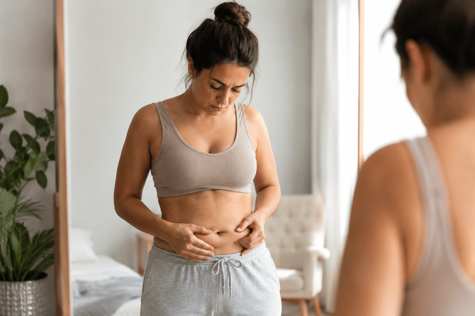 Woman considering tummy tuck after pregnancy to repair abdominal muscles in Houston Texas