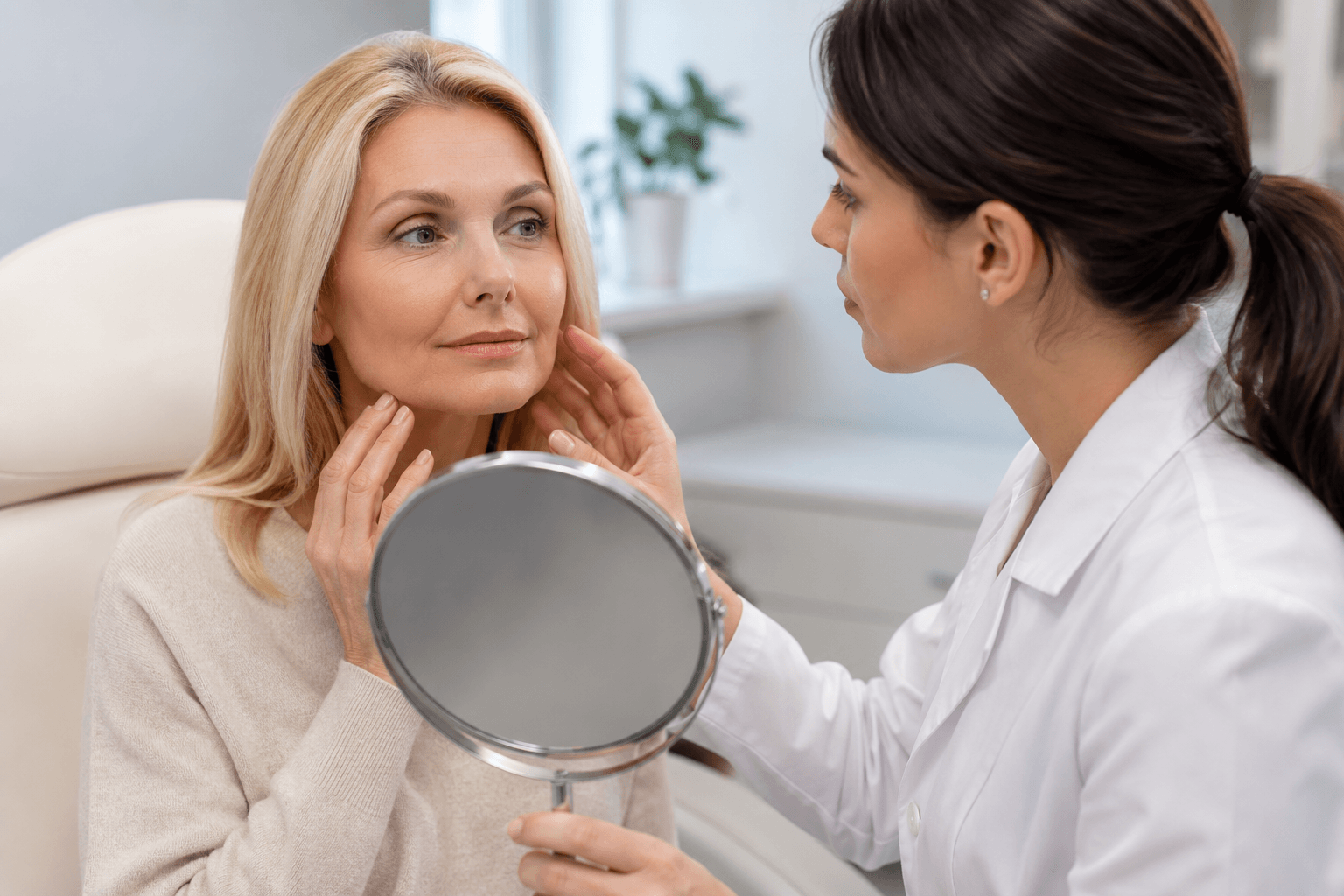 Patient consulting with a plastic surgeon about facelift options and facial aging concerns in Houston, Texas
