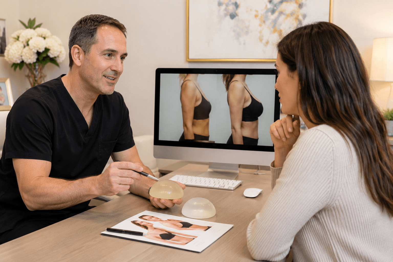 Surgeon reviewing breast lift surgery options with patient during consultation in Houston, Texas