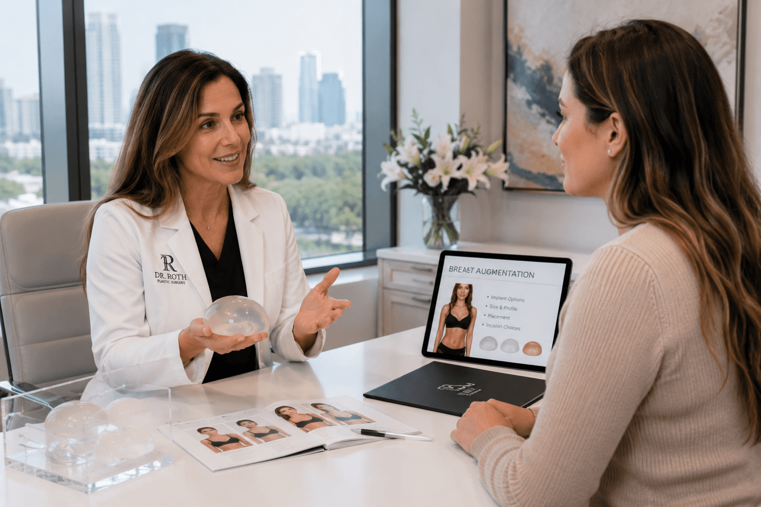 Surgeon consulting with patient about implant options for breast augmentation in Houston, Texas