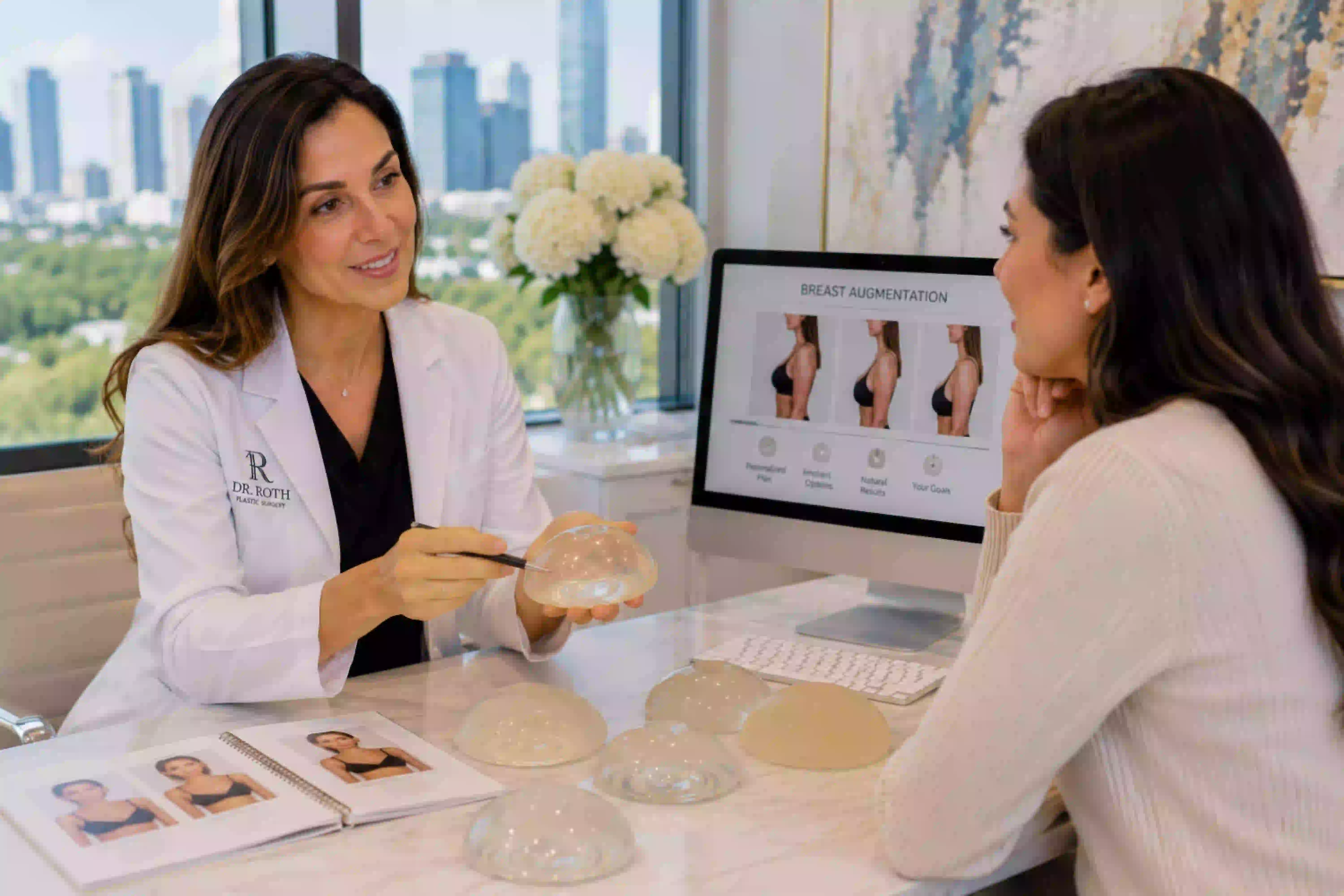  Woman consulting with a Houston plastic surgeon about breast augmentation options