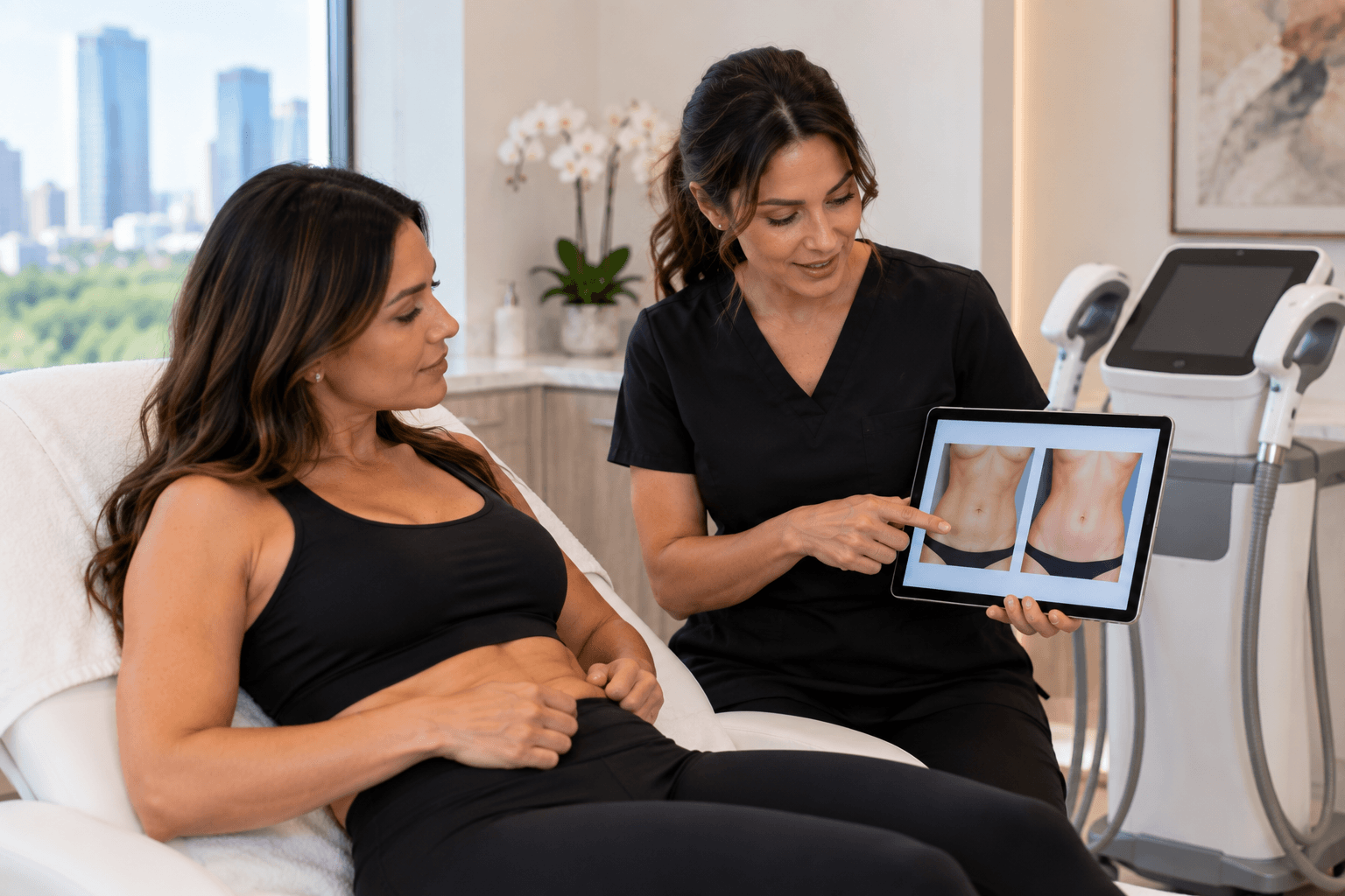Houston, Texas woman exploring non-surgical tummy tuck treatment for loose abdominal skin