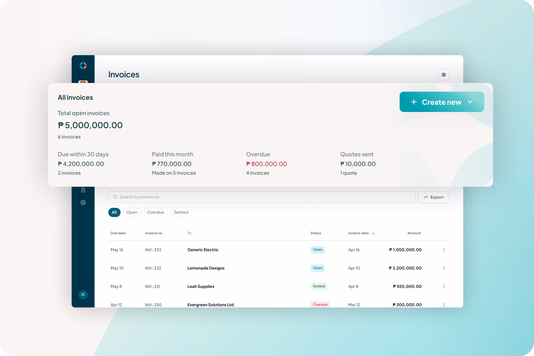 FirstCircle Invoice dashboard with the function to view every available invoice.