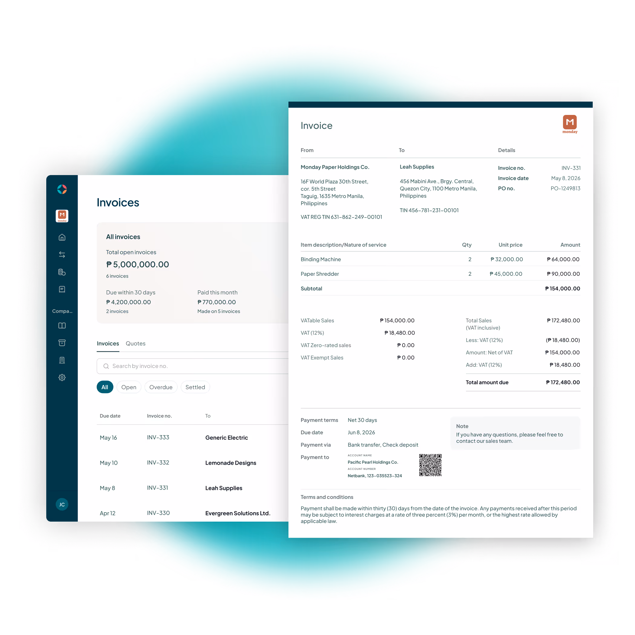 Invoice dashboard interface showing open invoices and a detailed invoice for office equipment. Showcasing First Circle invoice product feature.