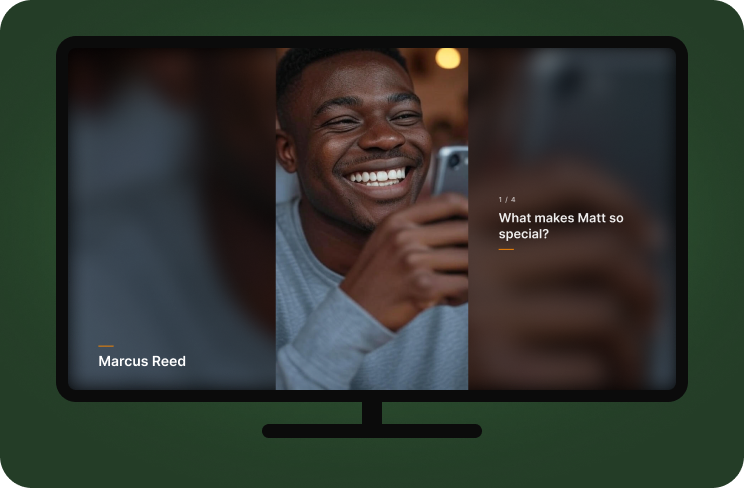 A Folksee reel playing full screen on a TV, with the person's name and the question beside the video