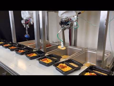 Chef robots serving pico de gallo and hash browns into two-compartment trays