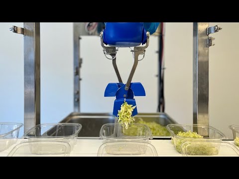 Chef robot assembling salad with chicken and corn