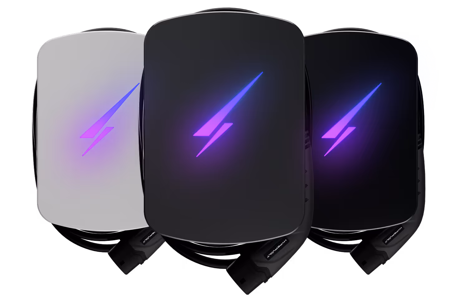 hree Hypervolt smart EV chargers in white and black, featuring illuminated lightning logo.