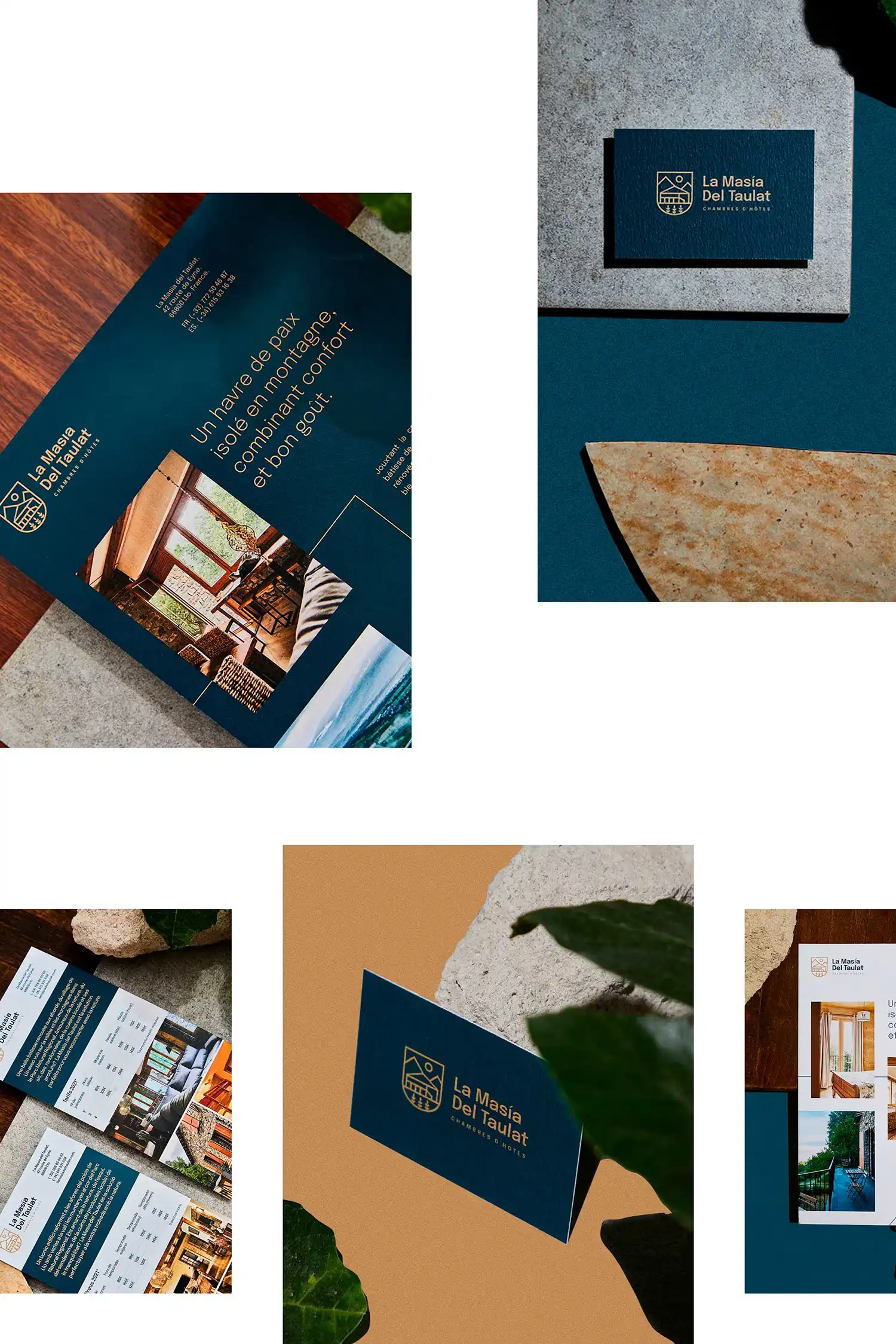 Una colección de materiales de marca para "La Masía del Taulat" presentados sobre superficies texturizadas, incluyendo folletos y tarjetas de presentación con tipografía elegante y tonos terrosos.