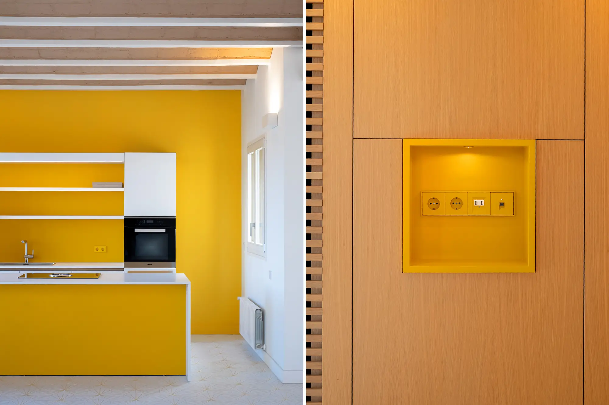 Details of a modern appartment with yellow and white walls.