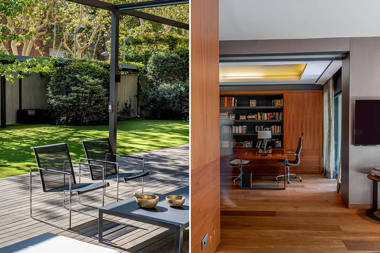 Espacio interior-exterior dividido. A la izquierda, un jardín verde y exuberante con sillas modernas de metal y una tarima de madera que ofrece un área serena al aire libre. A la derecha, una cálida oficina interior con muebles de madera oscura y estanterías empotradas que crean un espacio de trabajo refinado.