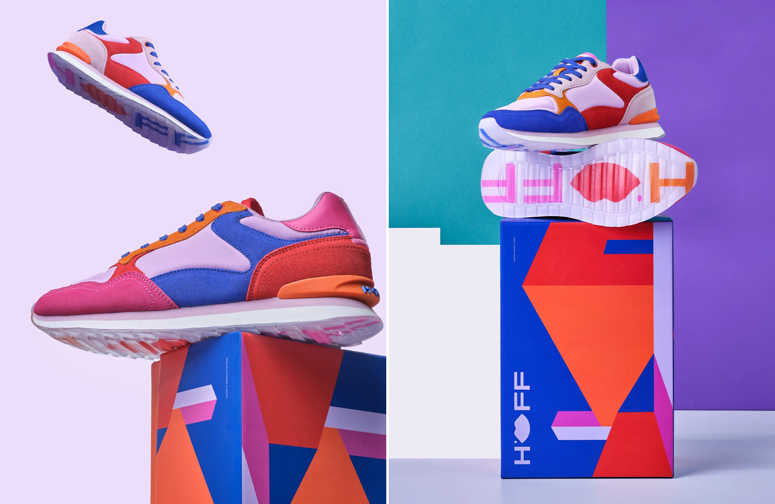Toma dinámica de las mismas zapatillas vibrantes flotando en el aire, acompañadas de otra zapatilla expuesta sobre una caja geométrica de HOFF. La composición juguetona contrasta con los fondos en azul y púrpura, realzando la estética contemporánea.