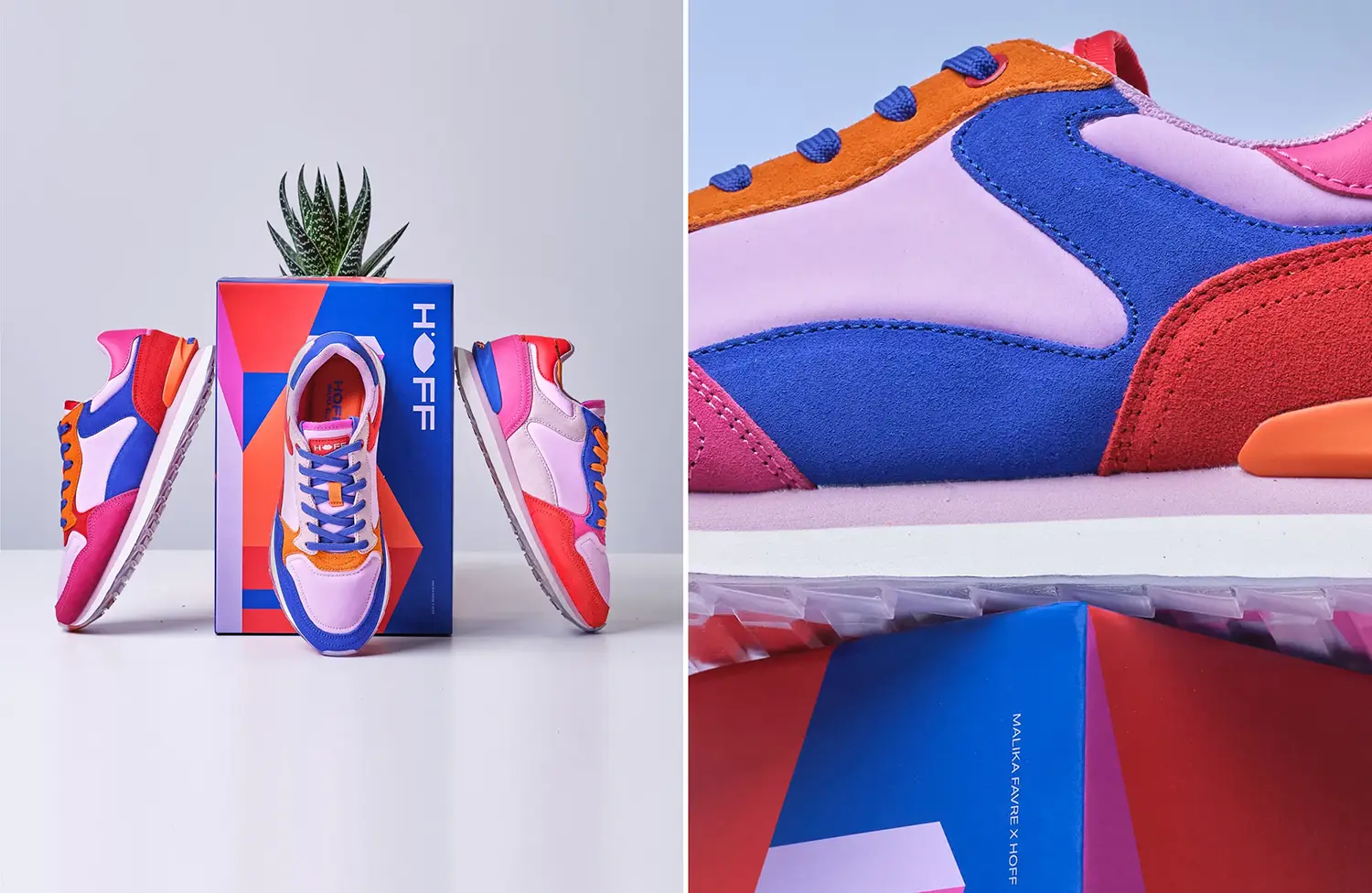 Primer plano de las zapatillas coloridas, destacando los paneles texturizados y los detalles cosidos. Las zapatillas están dispuestas a ambos lados de la caja de HOFF, con una pequeña planta que añade un toque fresco.