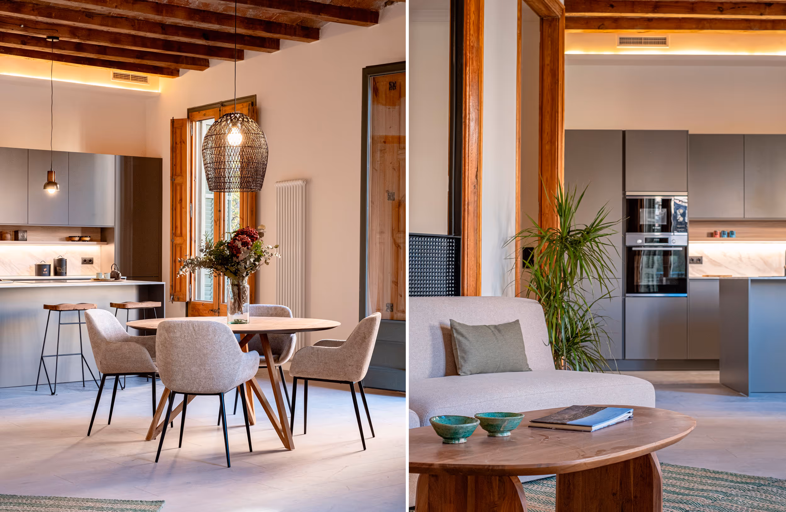 Imagen dividida: un comedor con una mesa redonda y sillas bajo una lámpara colgante, abierto hacia una cocina moderna; un primer plano de una sala de estar con un sofá y una mesa de centro de madera.