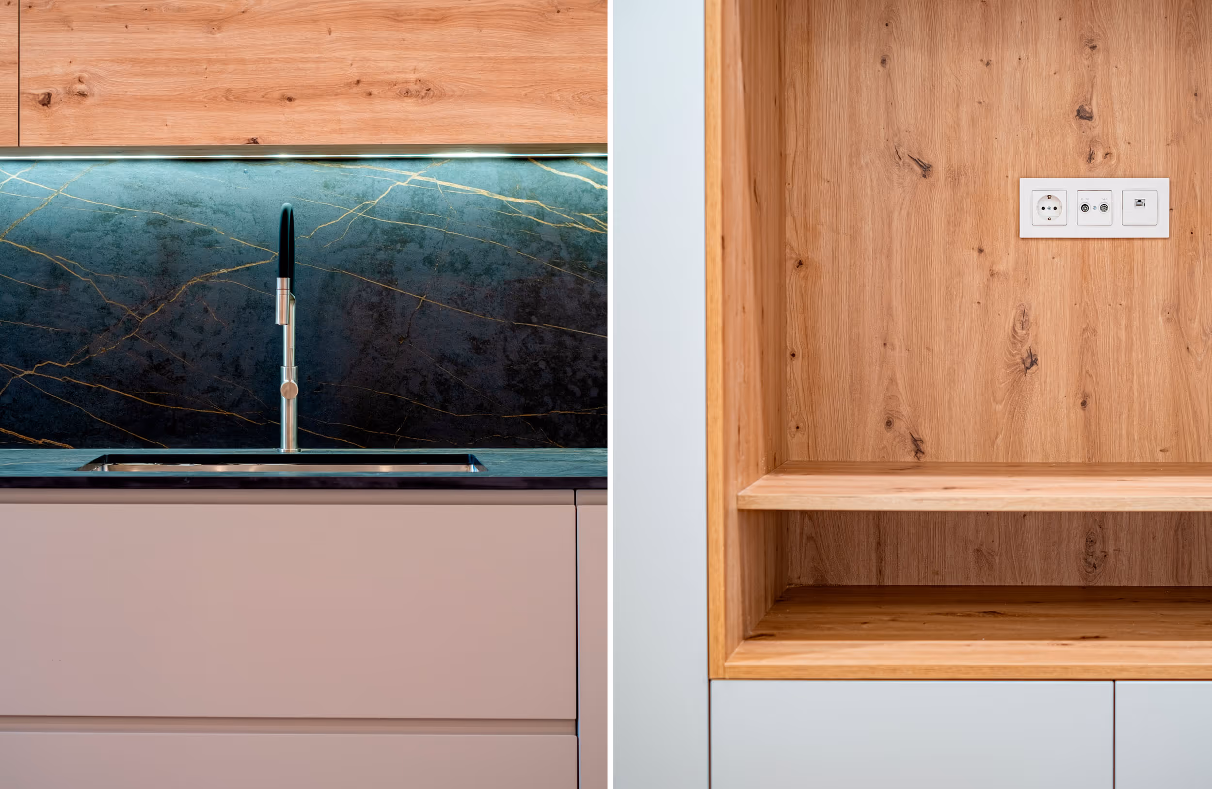 Imagen dividida: un fregadero de cocina moderno con grifo negro frente a un salpicadero de mármol oscuro; una estantería abierta de madera que muestra enchufes eléctricos.