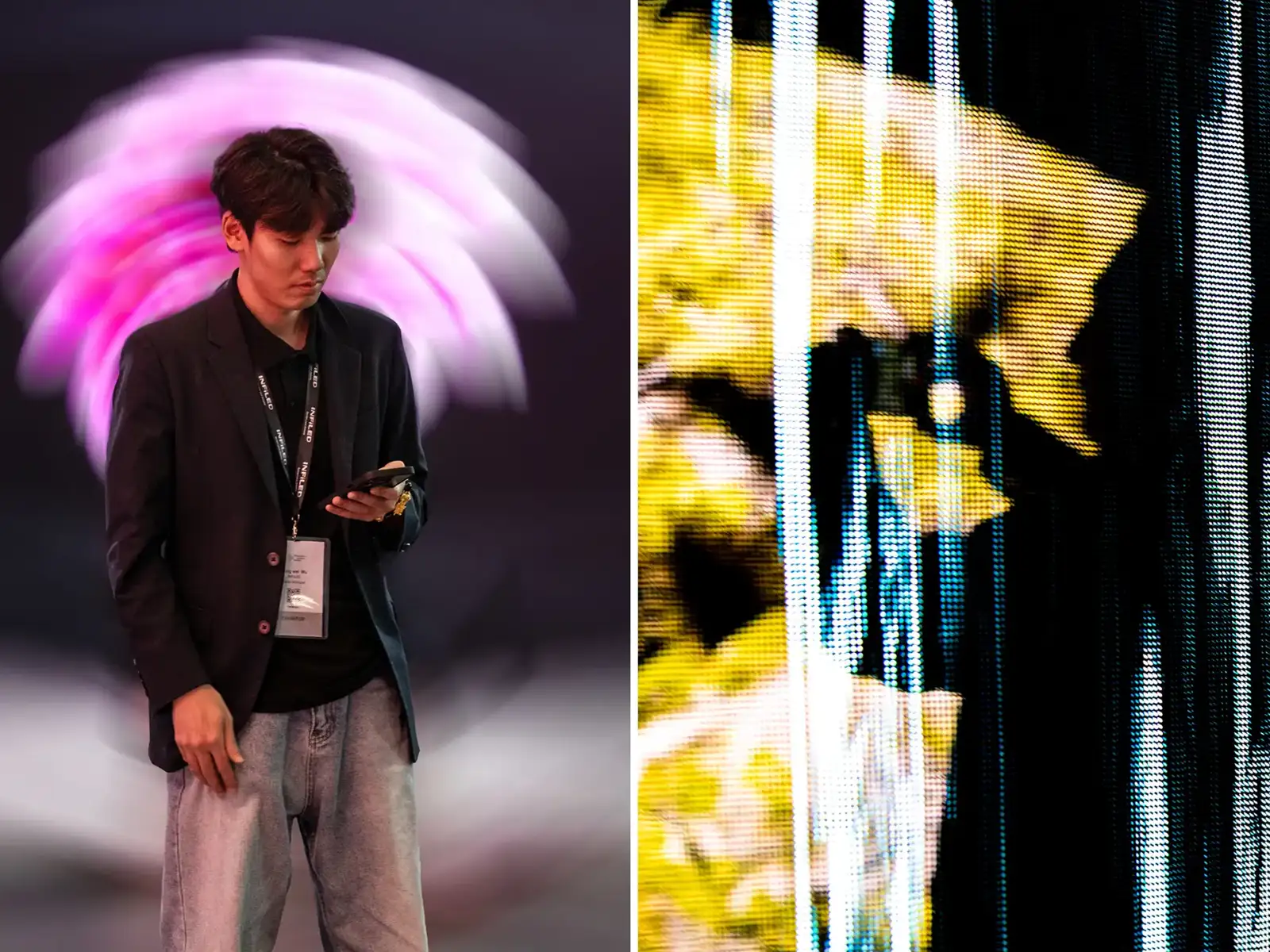 Asistente consultando su móvil durante una feria tecnológica, fotografía creativa de evento corporativo con iluminación escénica y pantallas LED.